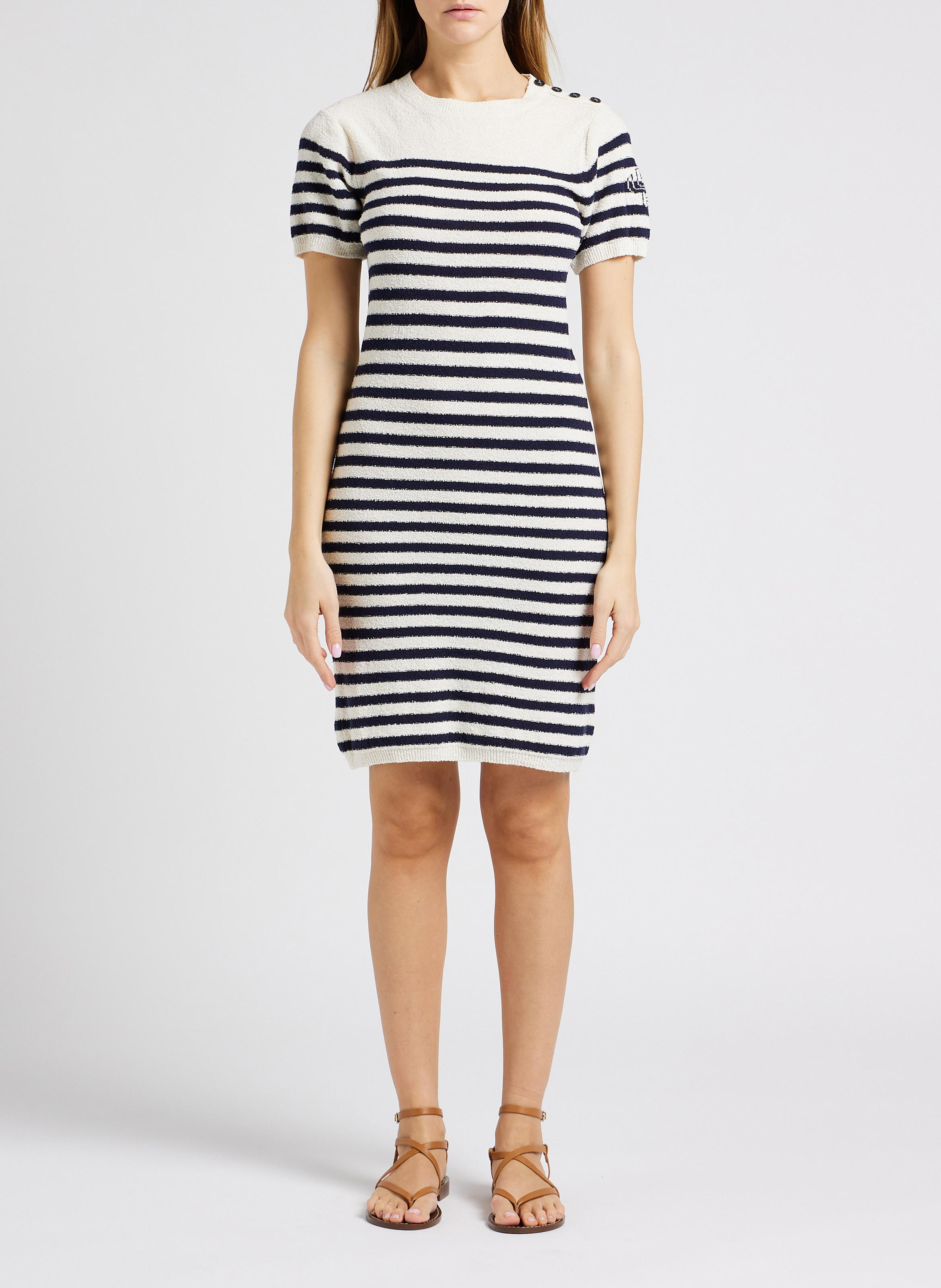 Jurk van katoenmix met marinestrepen en ronde hals LA PETITE FRANCAISE Blauw