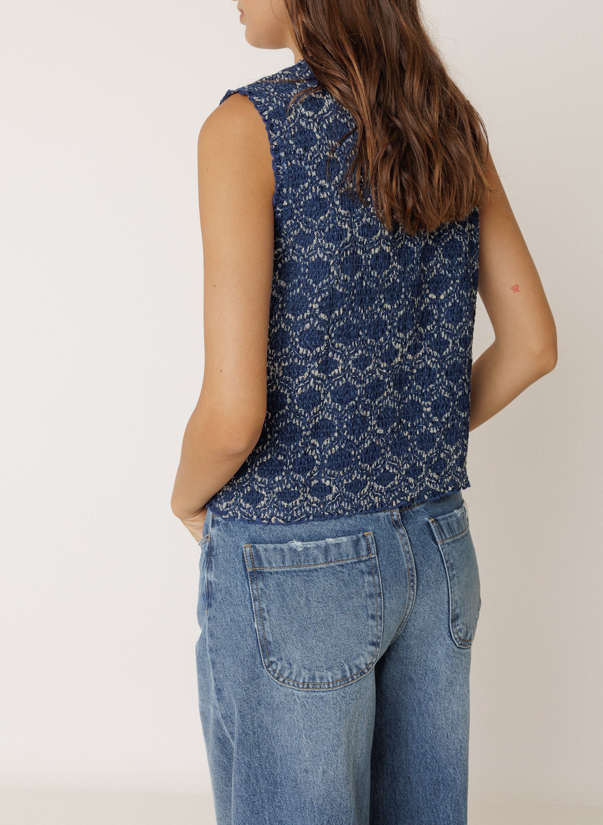 Top sans manches froncé imprimé INDI & COLD Bleu