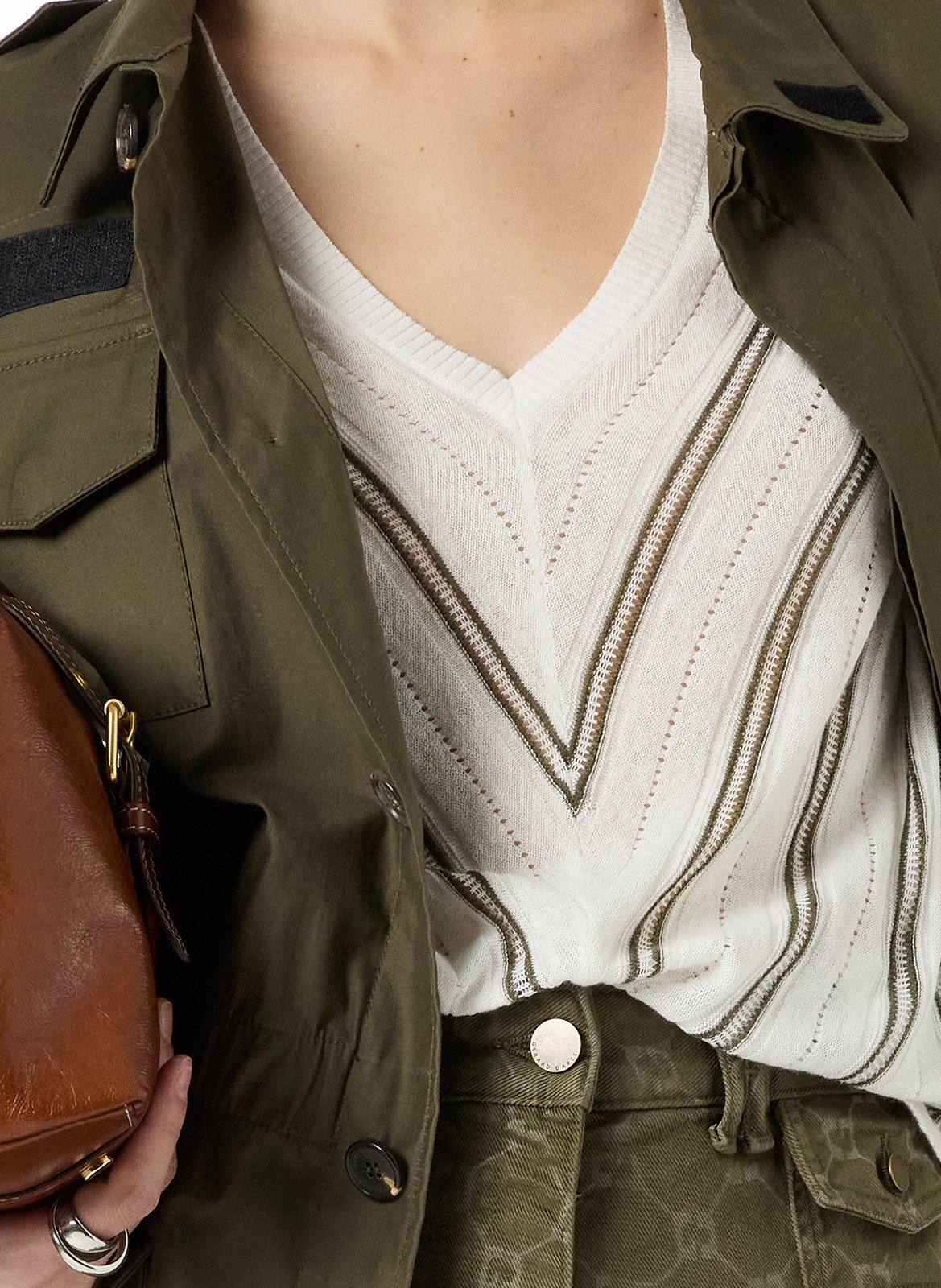 Pull droit col V en coton et lin rayé GERARD DAREL Kaki