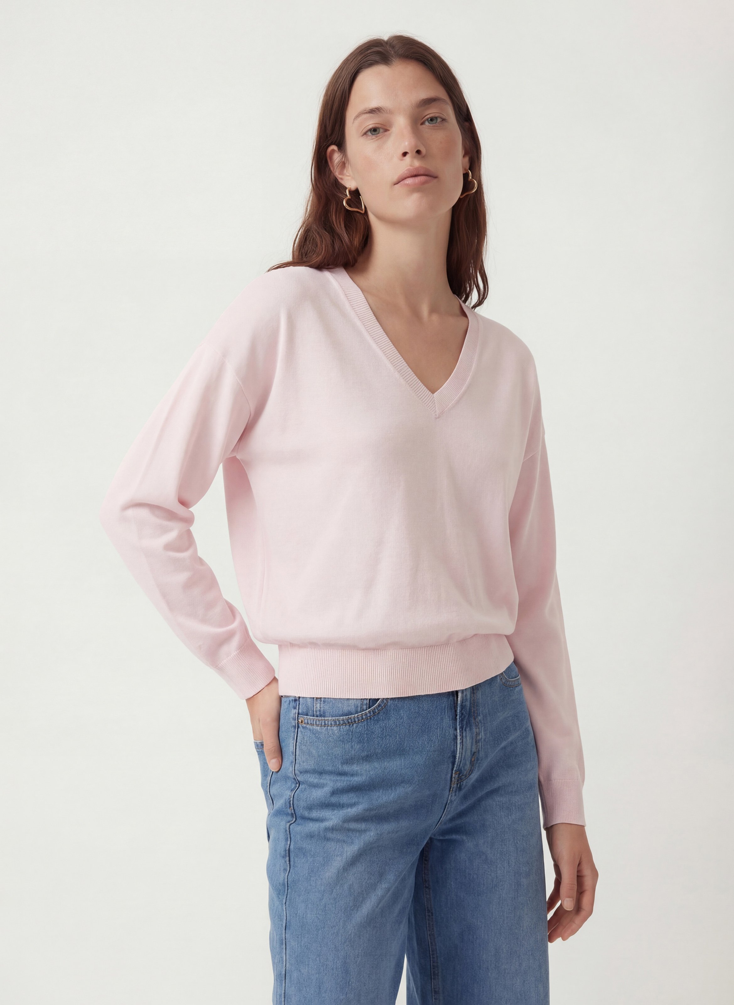 Mixed-knit straight V-neck sweater KOOKAI Pink