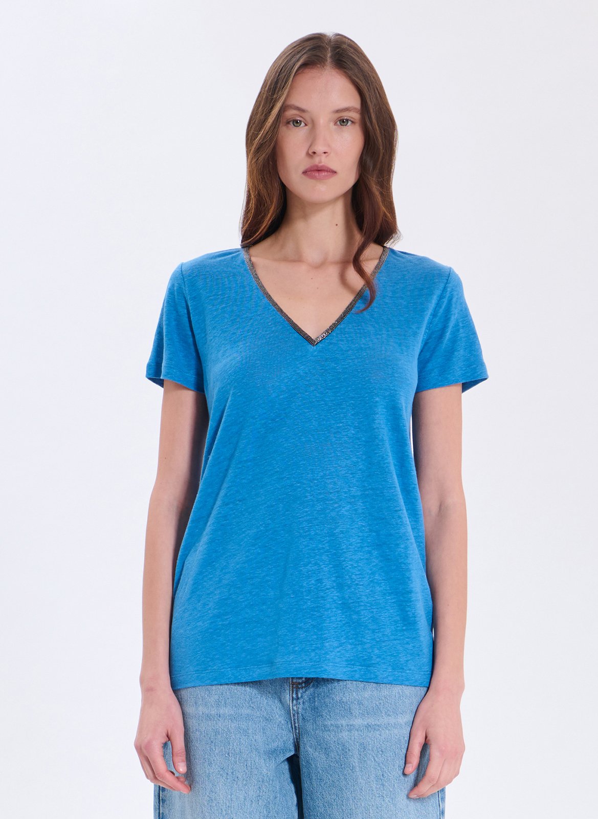Tee-shirt col v en lin ZAPA Bleu