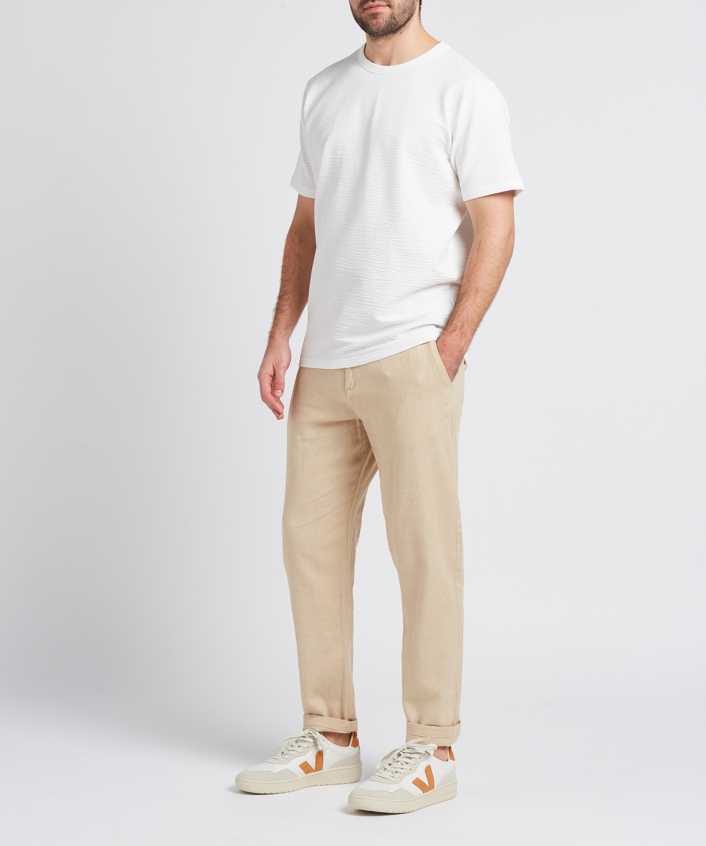 Pantalon droit en coton bio et lin stretch SELECTED Beige