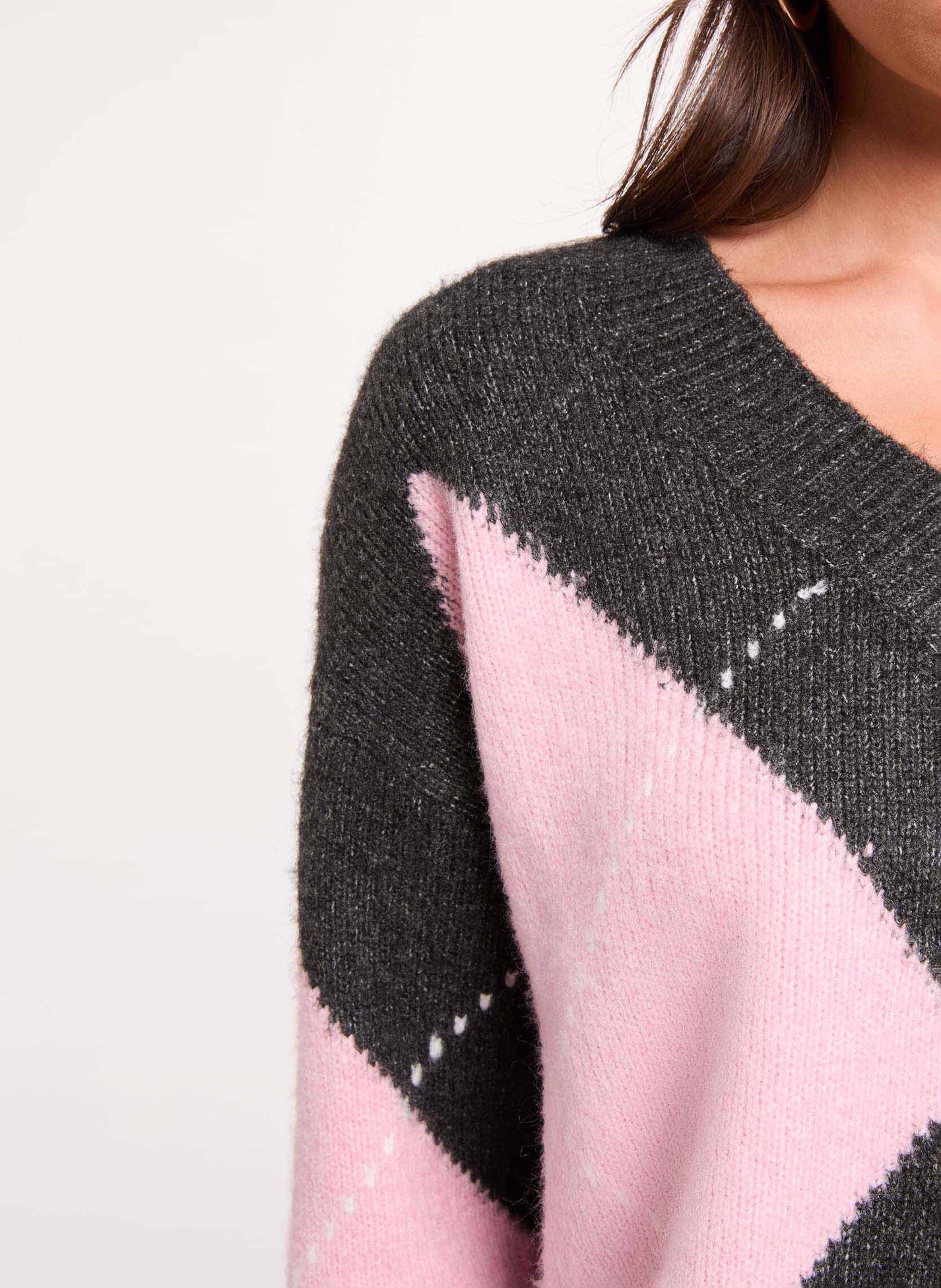 Gerader V-Ausschnitt-Pullover mit Muster MORGAN Grau
