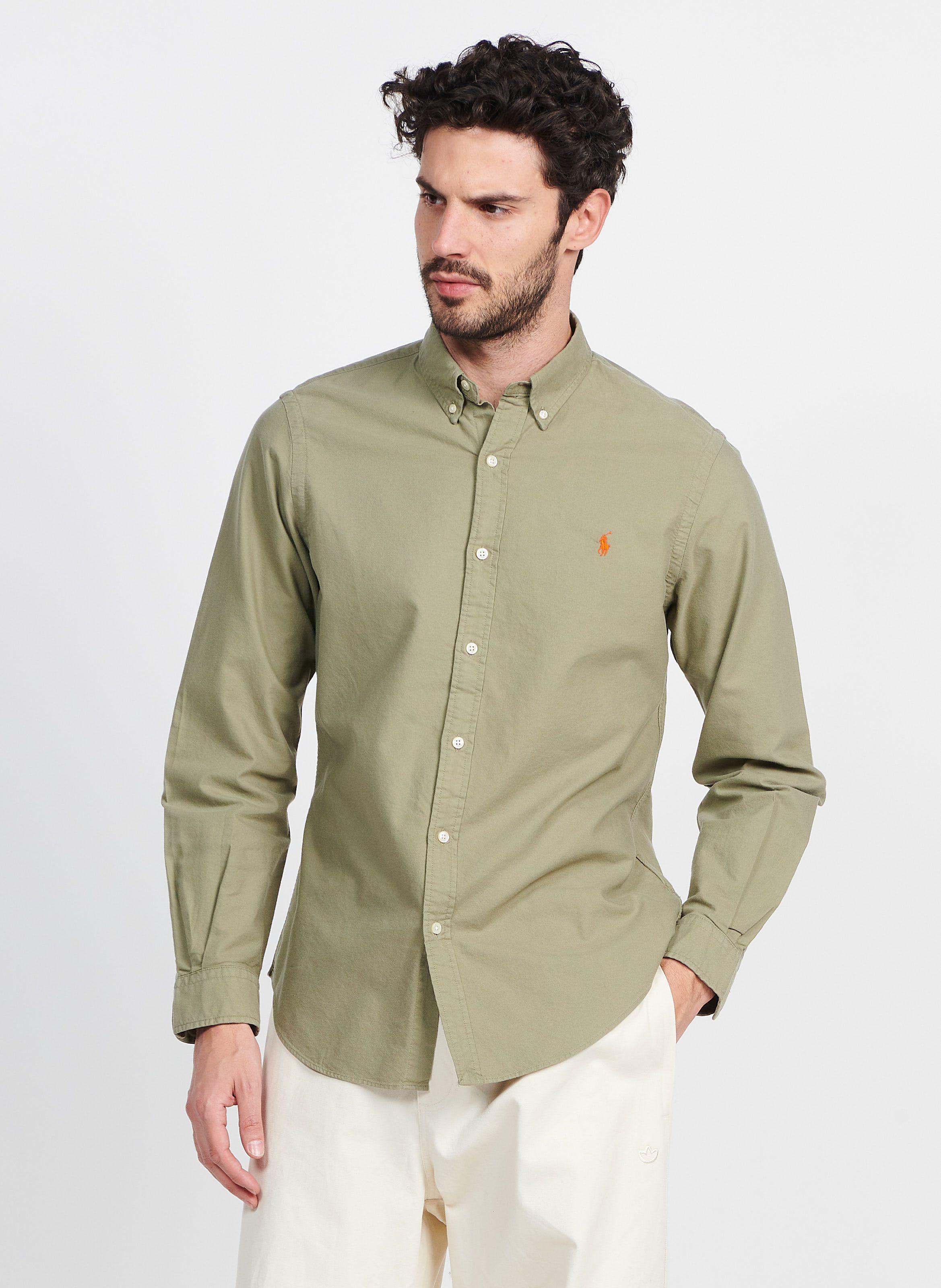 Slim fit Katoenen Overhemd Met Amerikaanse Kraag Sage Green Polo