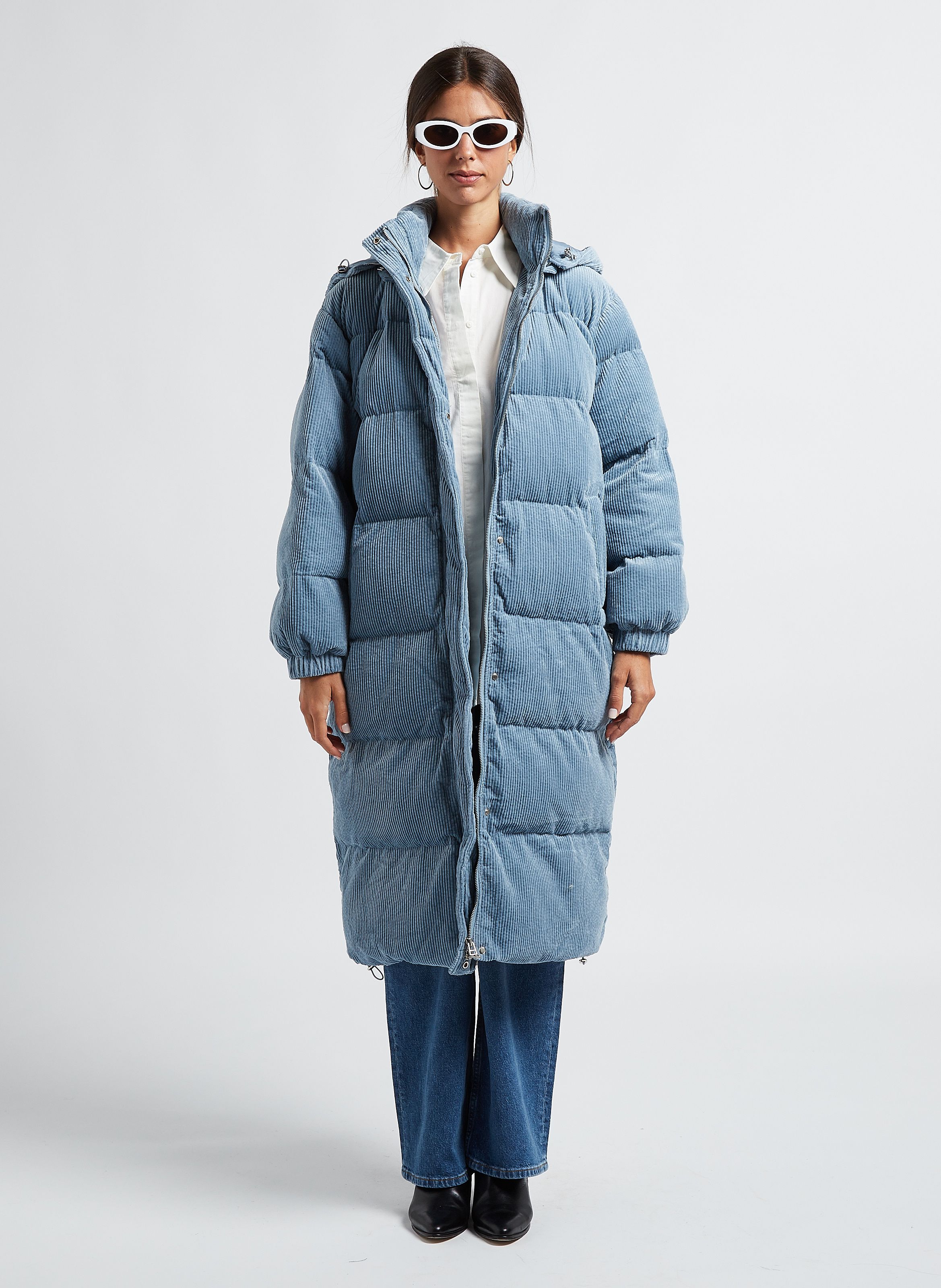 Blue Long hooded down coat in cotton corduroy