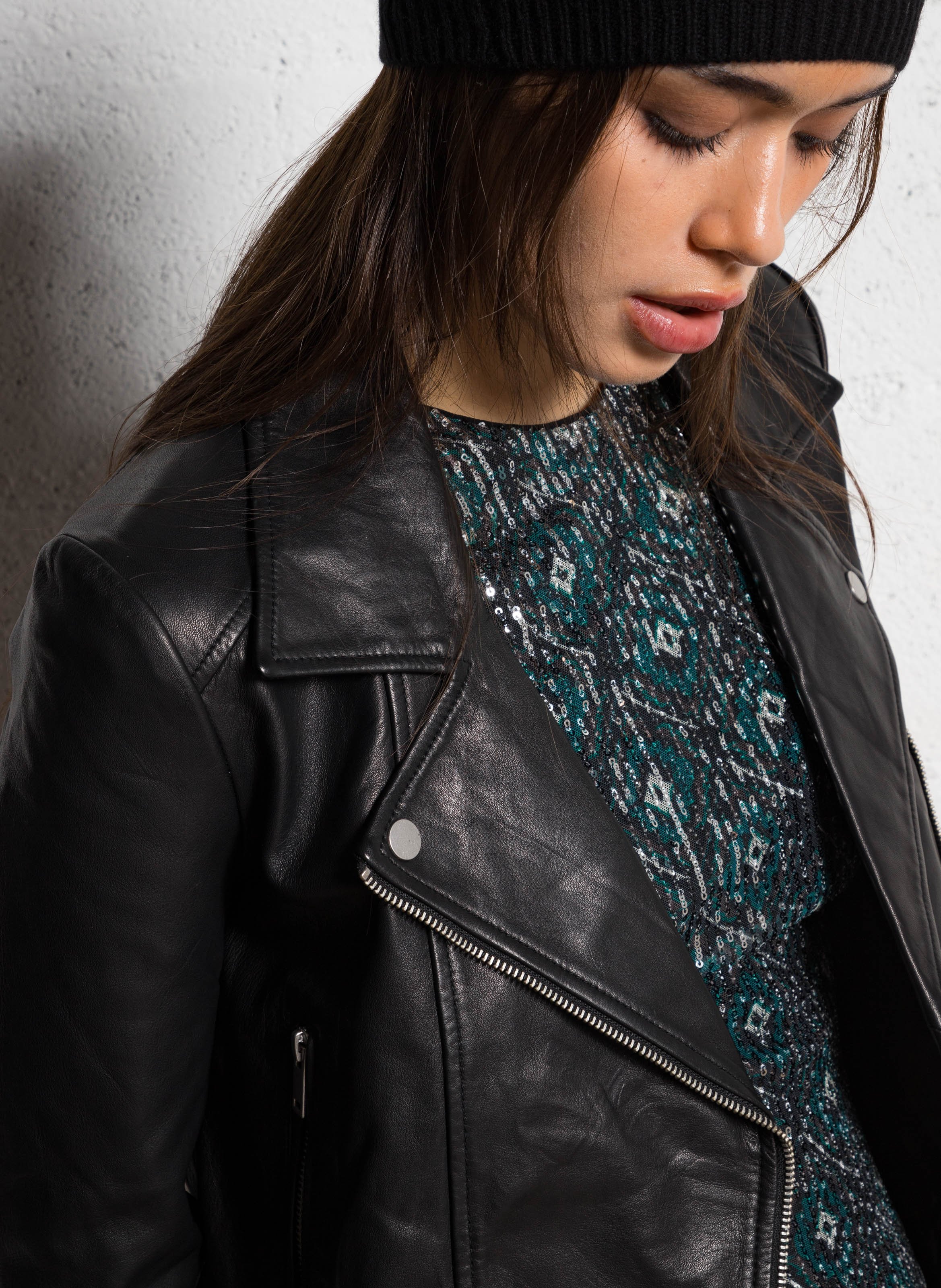 Blouson court zippé en cuir d'agneau IKKS Noir