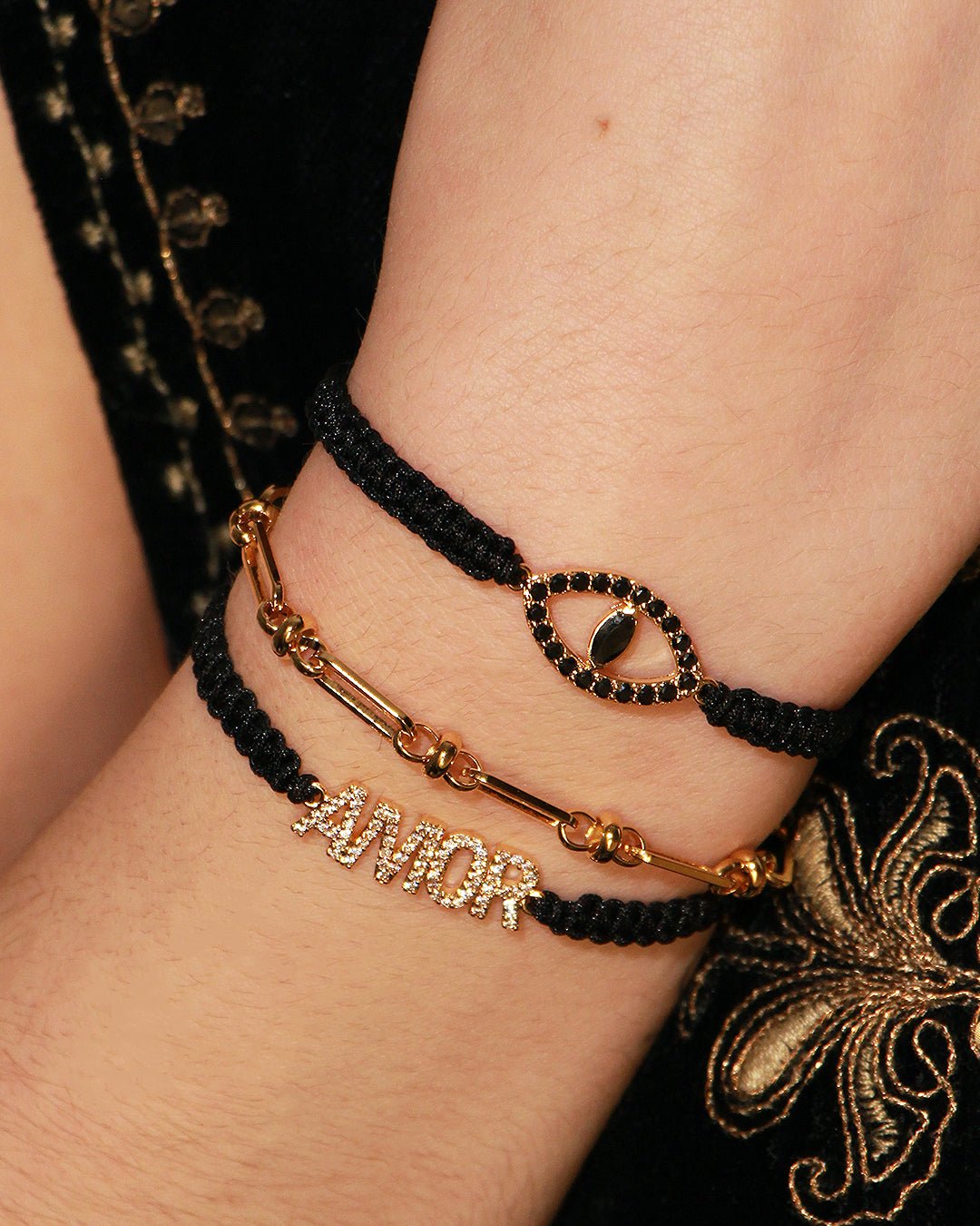 Macramé bracelet gold plated love NILAI Black