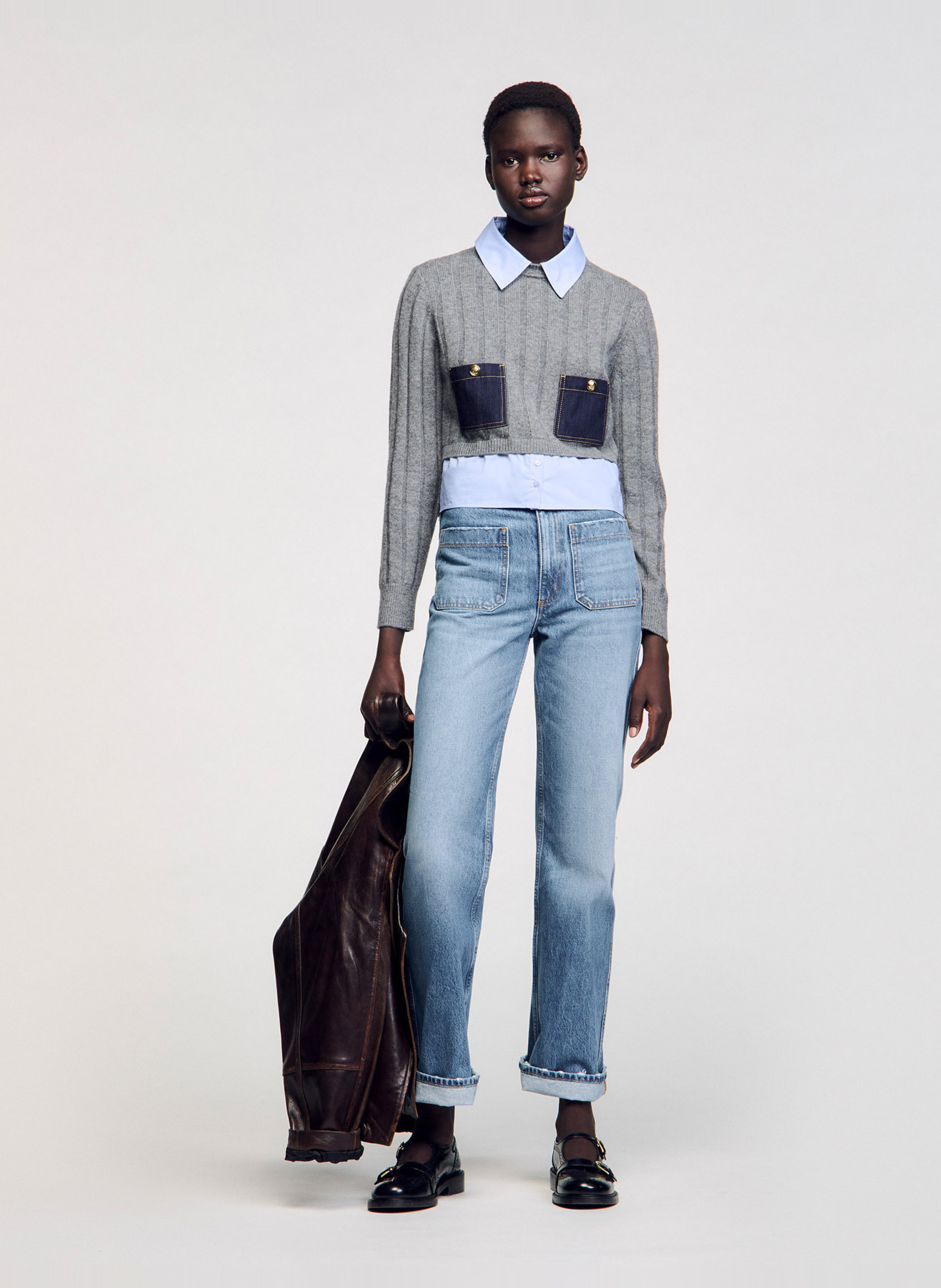 Pull col classique droit en laine et cachemire  SANDRO Gris