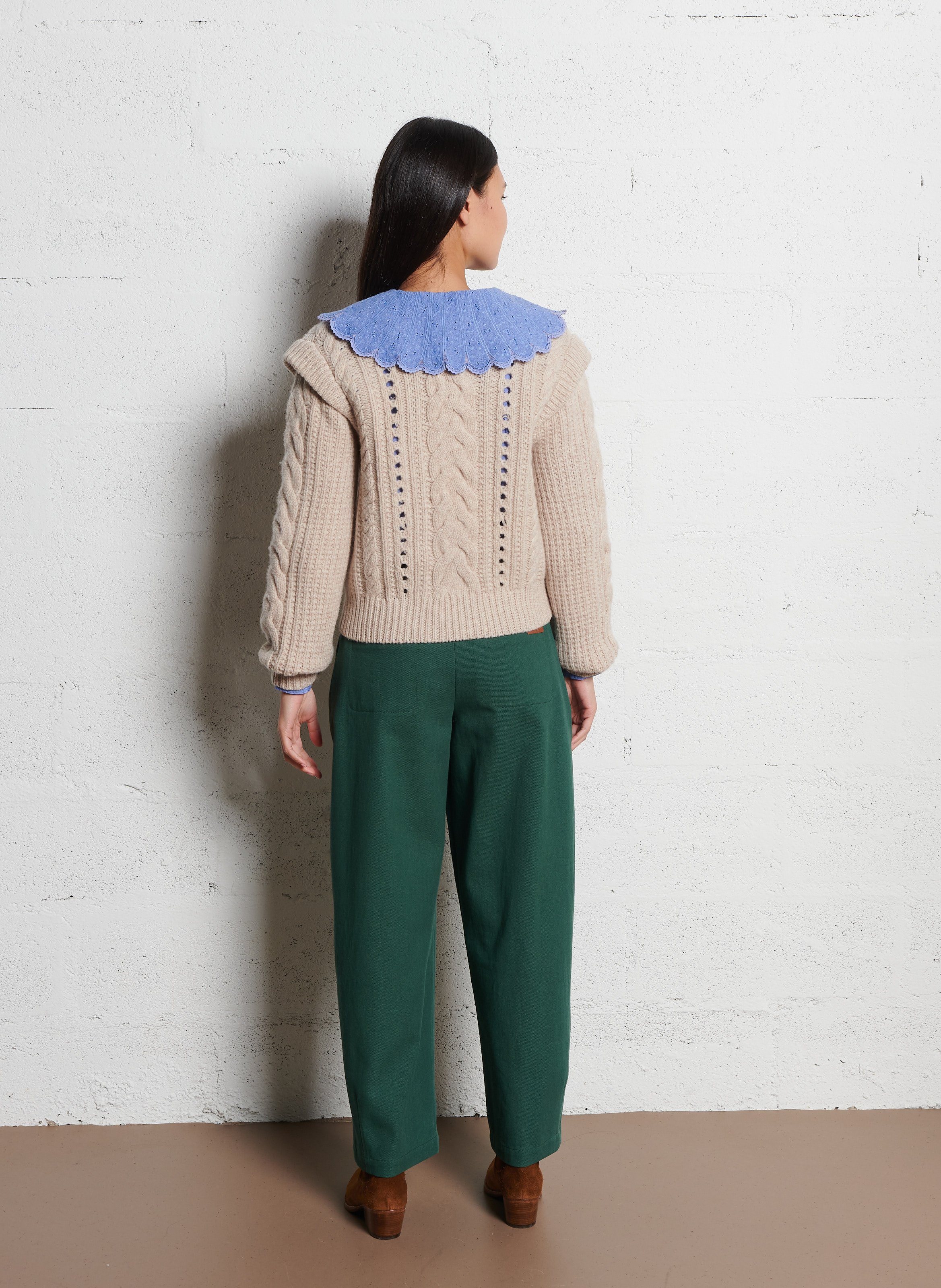 Boat-neck contrast-knit wool sweater  Beige