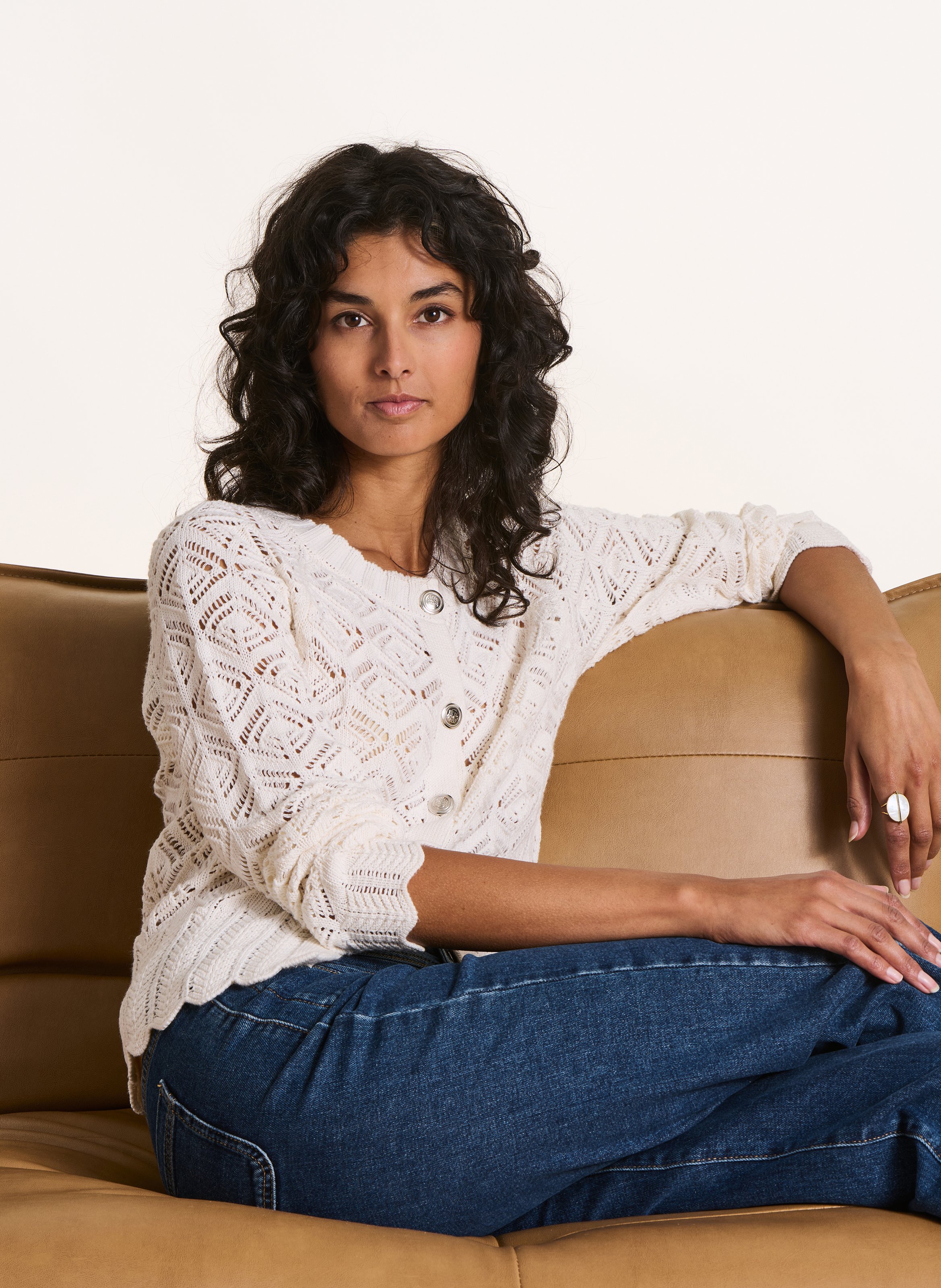 Openwork knit straight cardigan LA FEE MARABOUTEE White