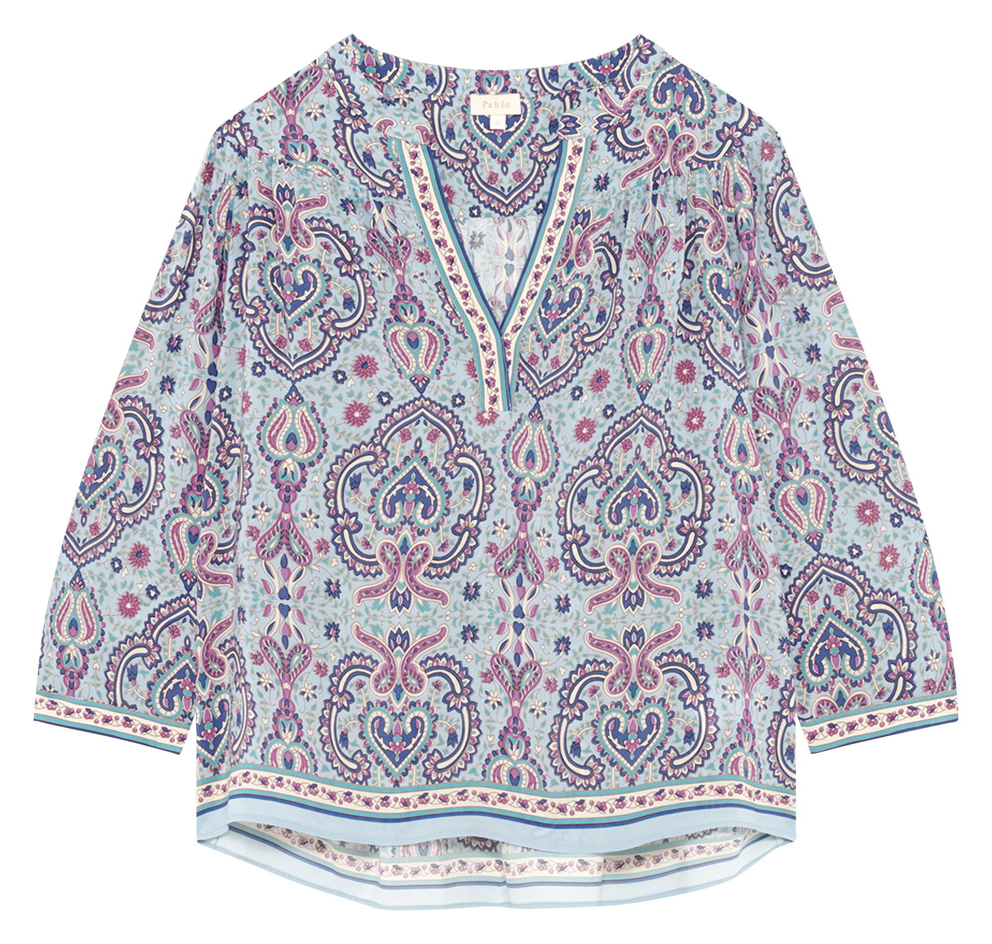 Blouse col tunisien imprimée PABLO Bleu