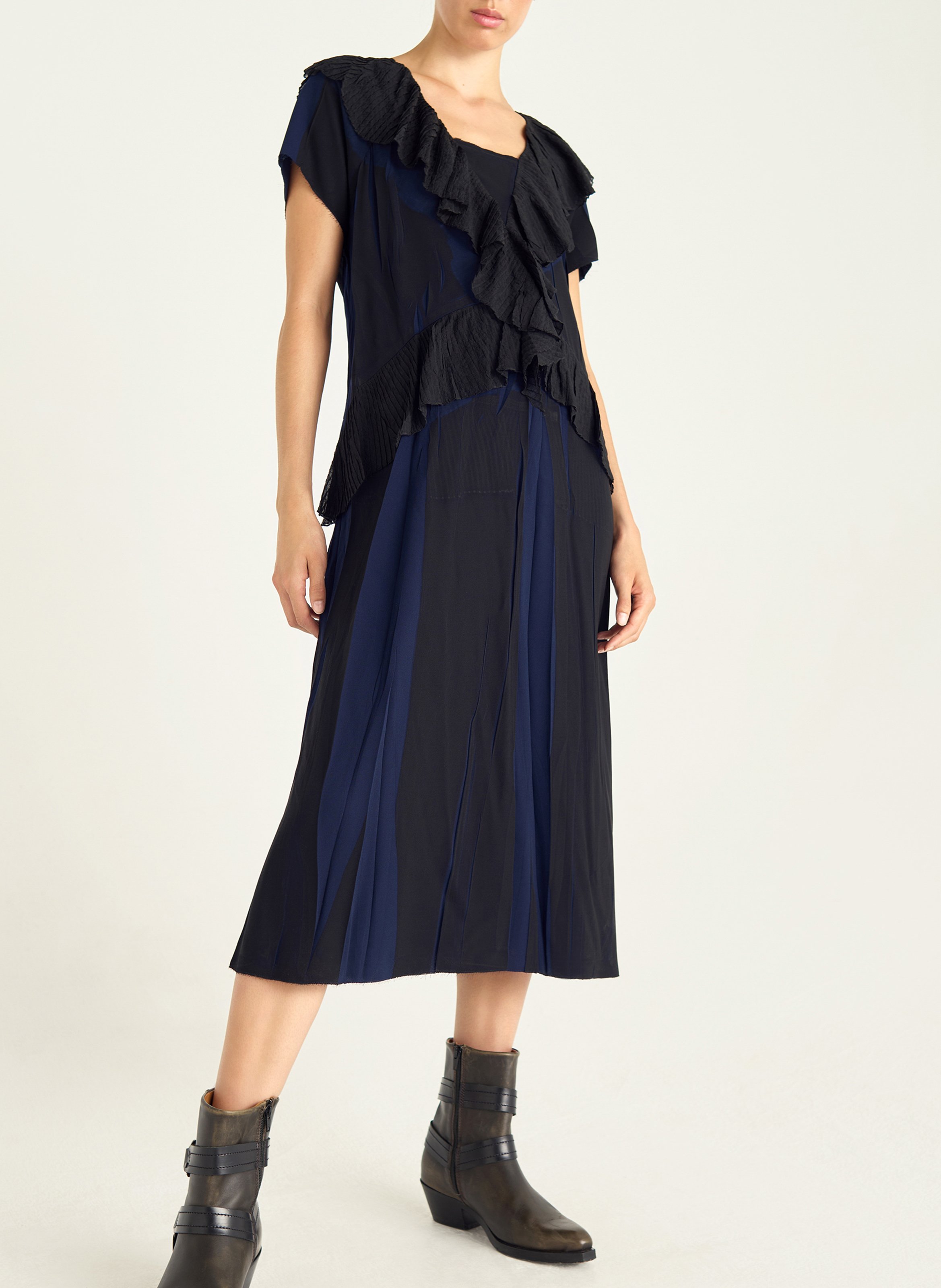 Robe midi col v plissée COTELAC Bleu