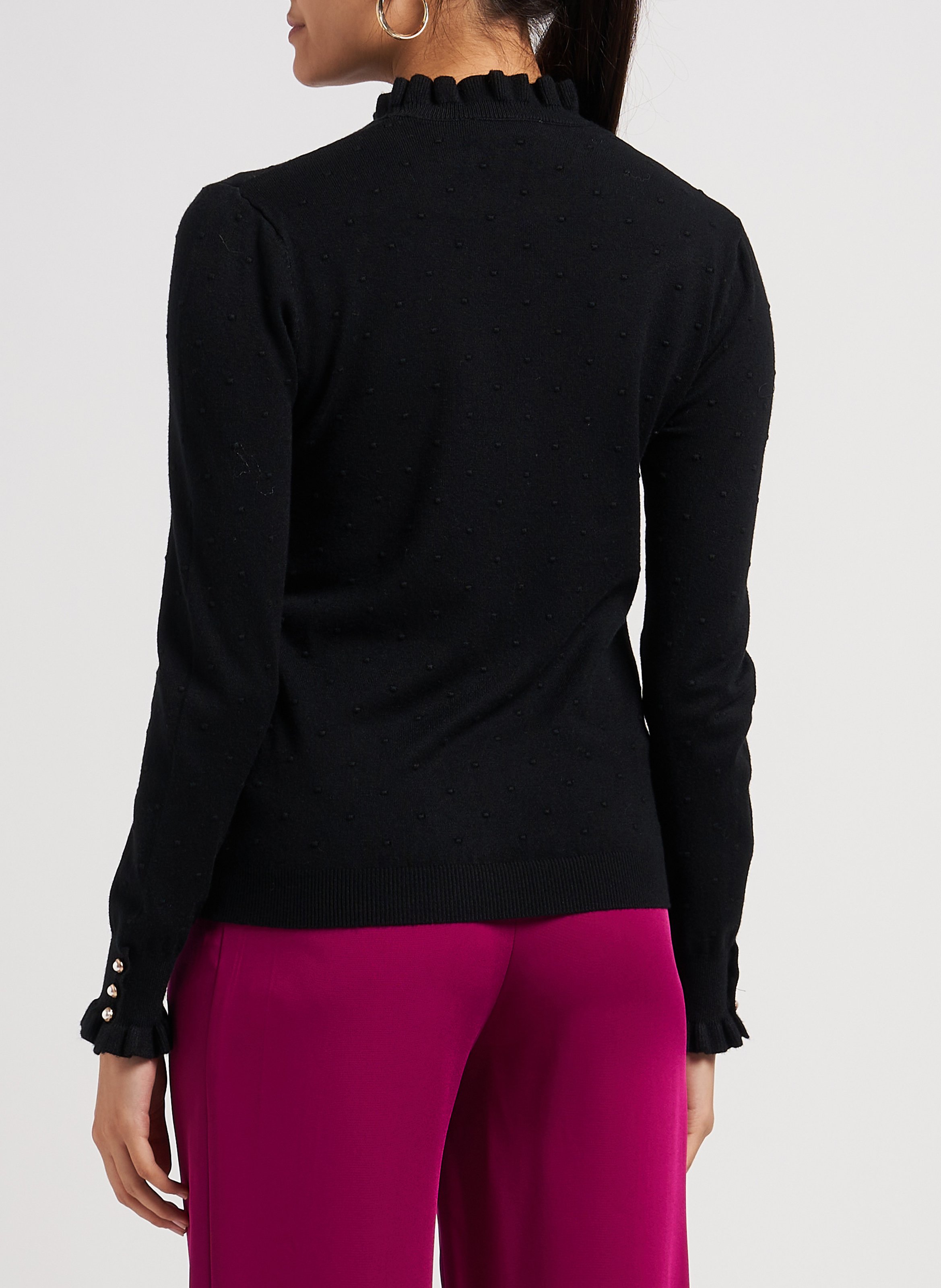 Jacquard-Rundhalspullover mit Rüschen Schwarz
