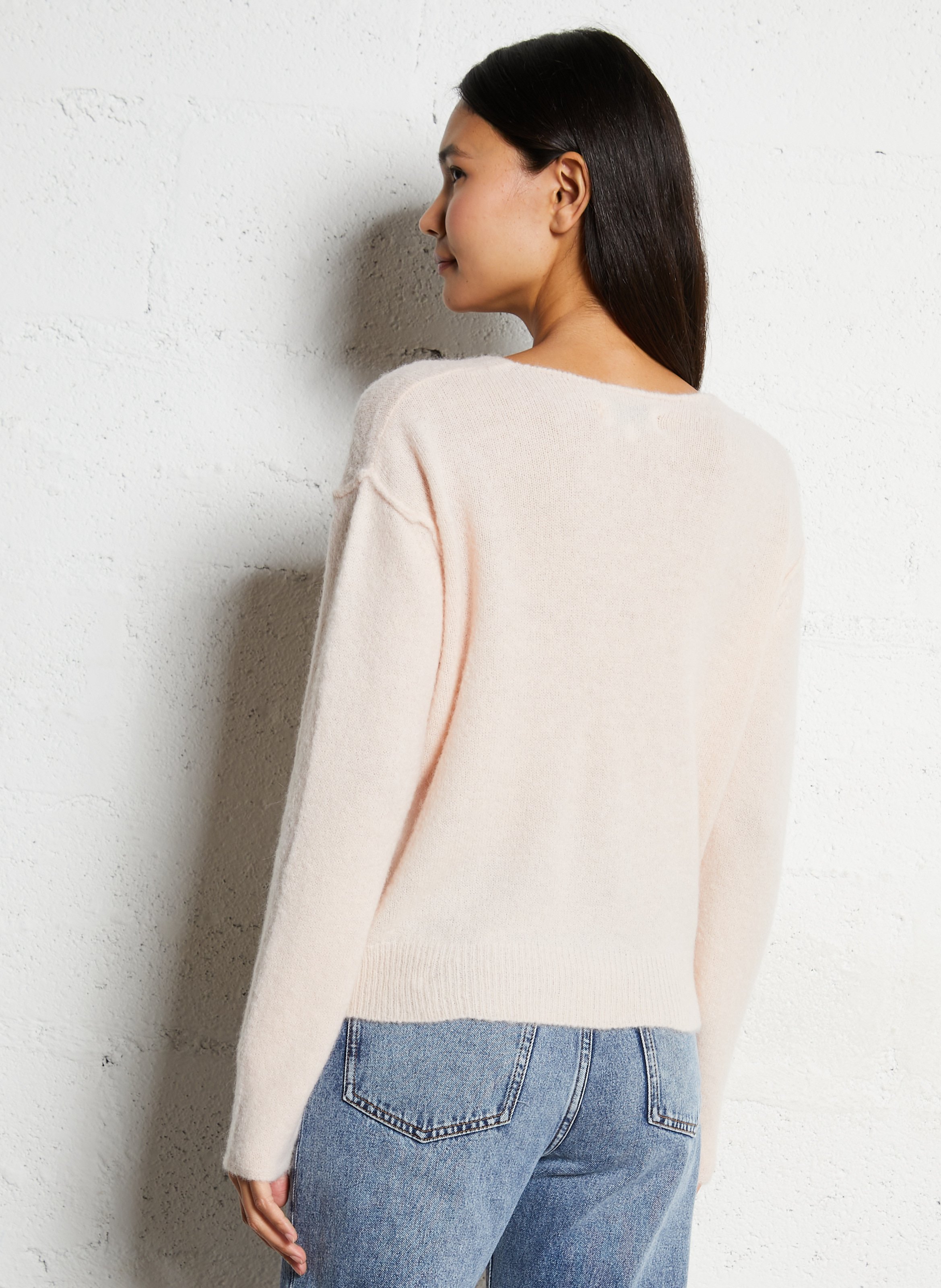 Pull droit col V en maille mélangée MAISON ANJE Rose