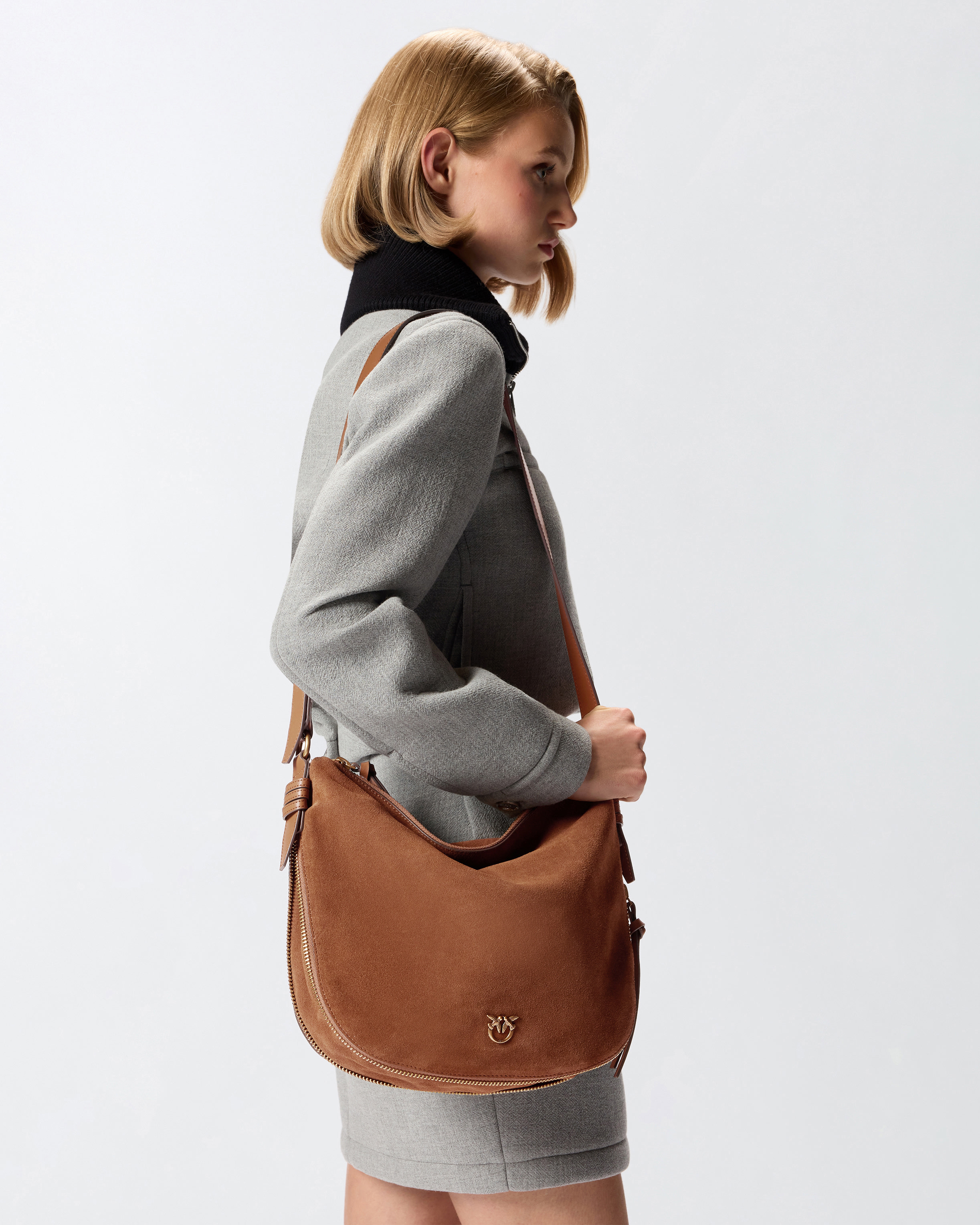 Medium shoulder hobo bag in suede with love birds logo PINKO Brown