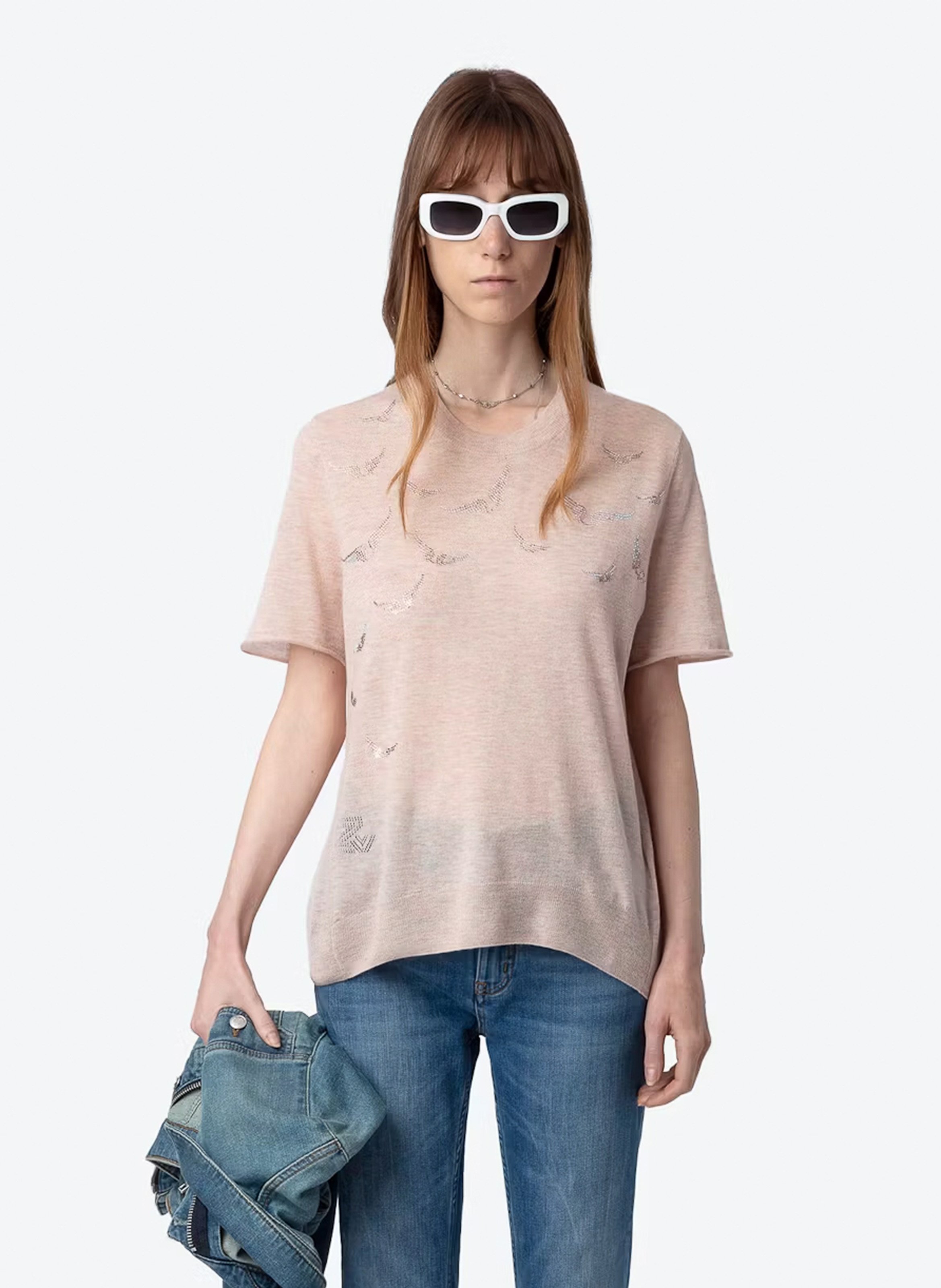 Tee-shirt droit col rond en cachemire ZADIG&VOLTAIRE Rose