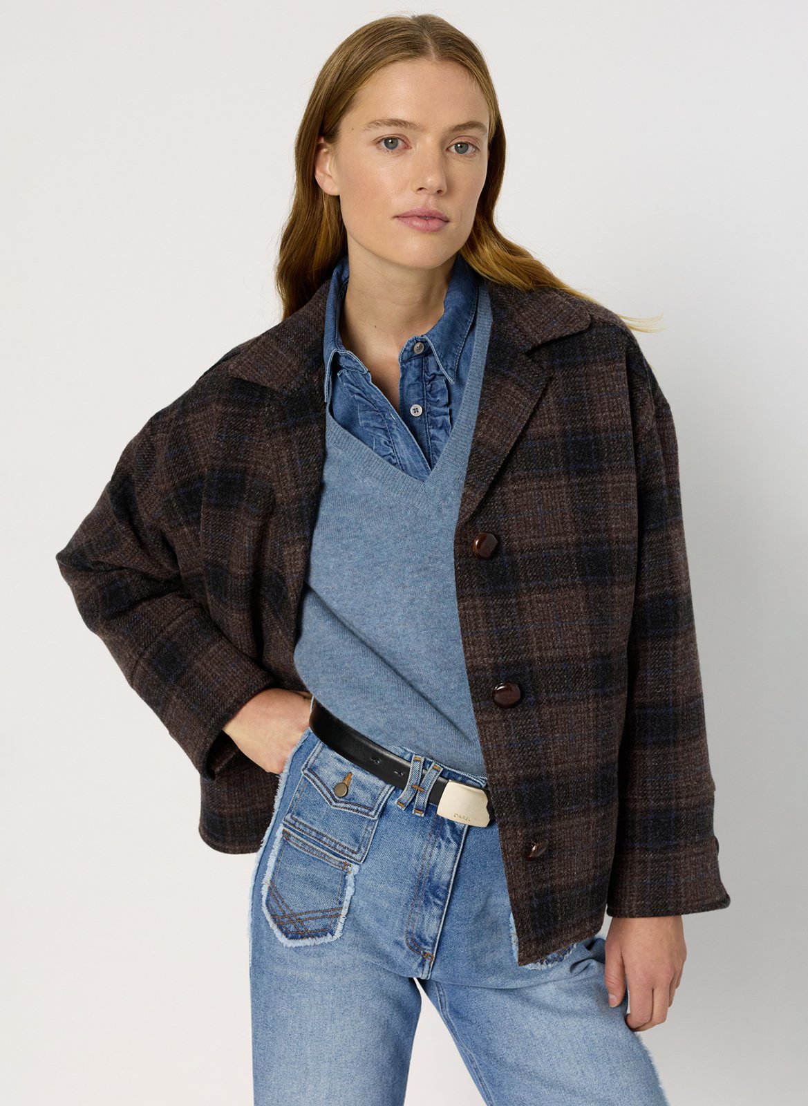 Veste col tailleur à carreaux GERARD DAREL Marron