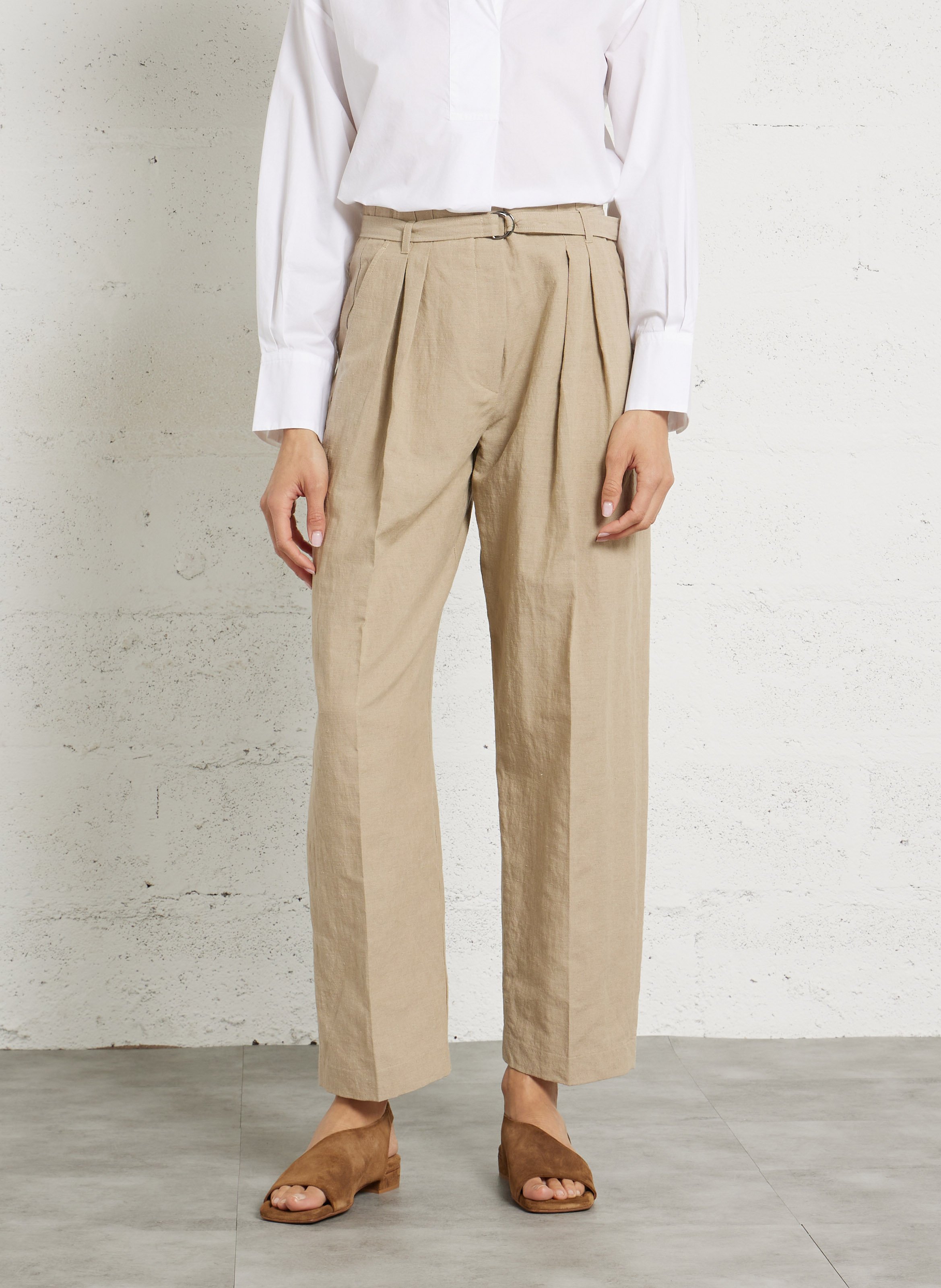 Wide-leg pants in linen and cotton blend POMANDERE Beige