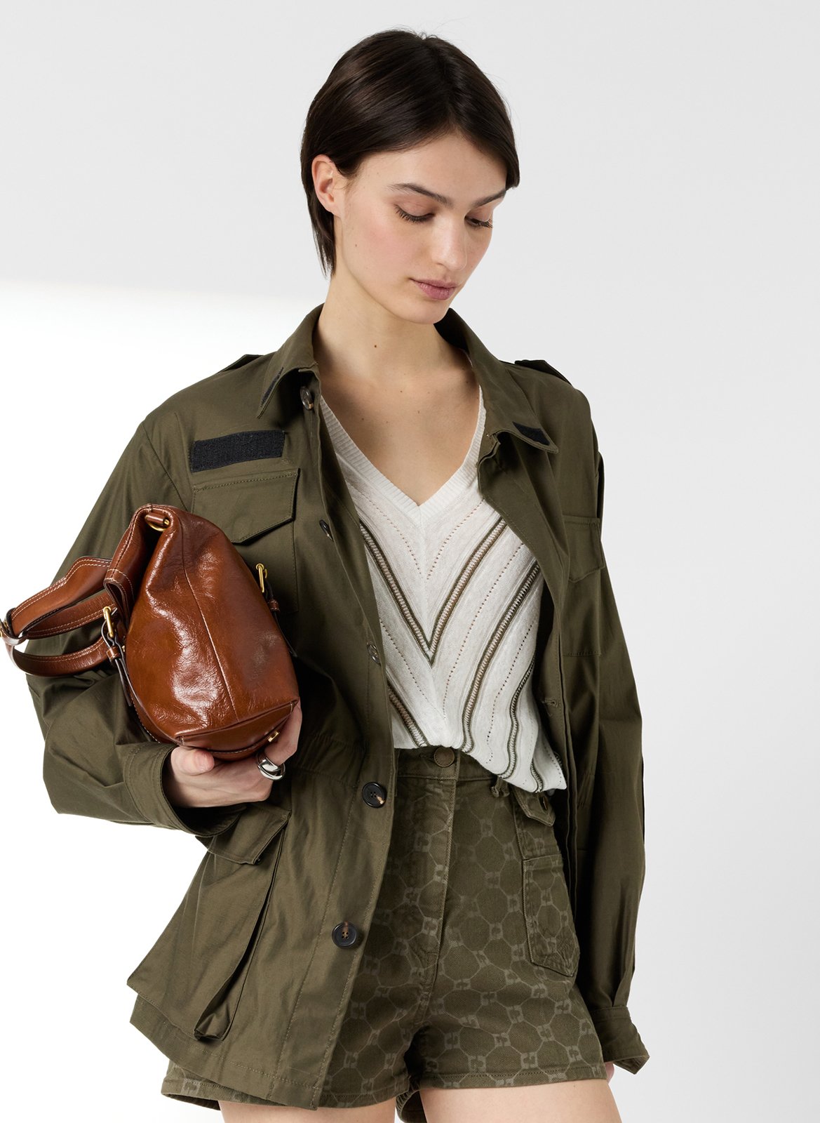 Pull droit col V en coton et lin rayé GERARD DAREL Kaki