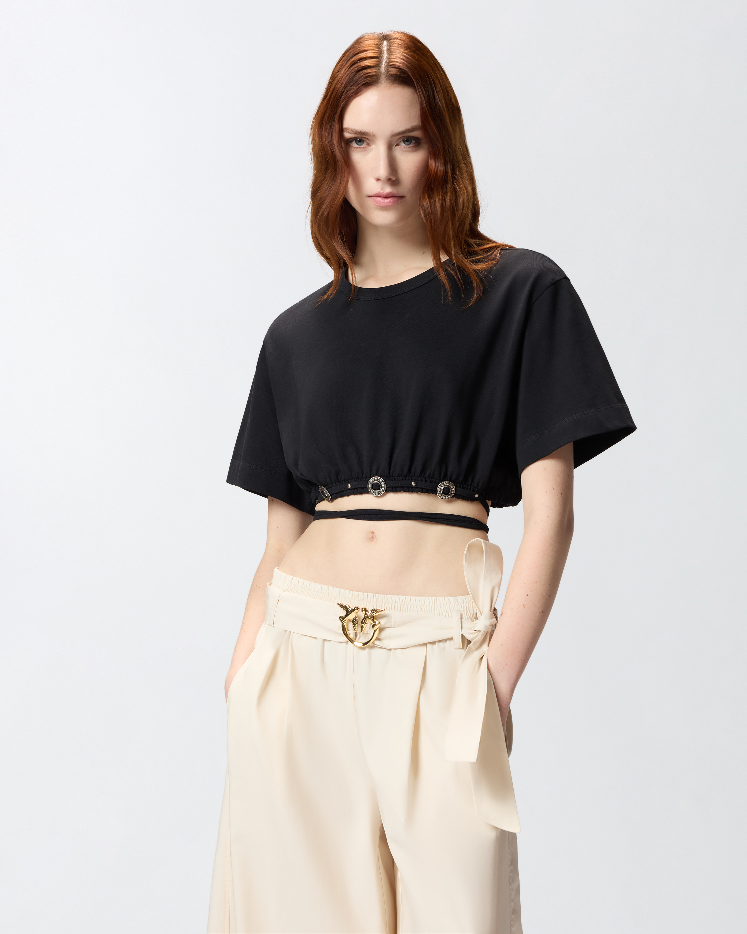 T-shirt cropped à lacet et détails western PINKO Noir