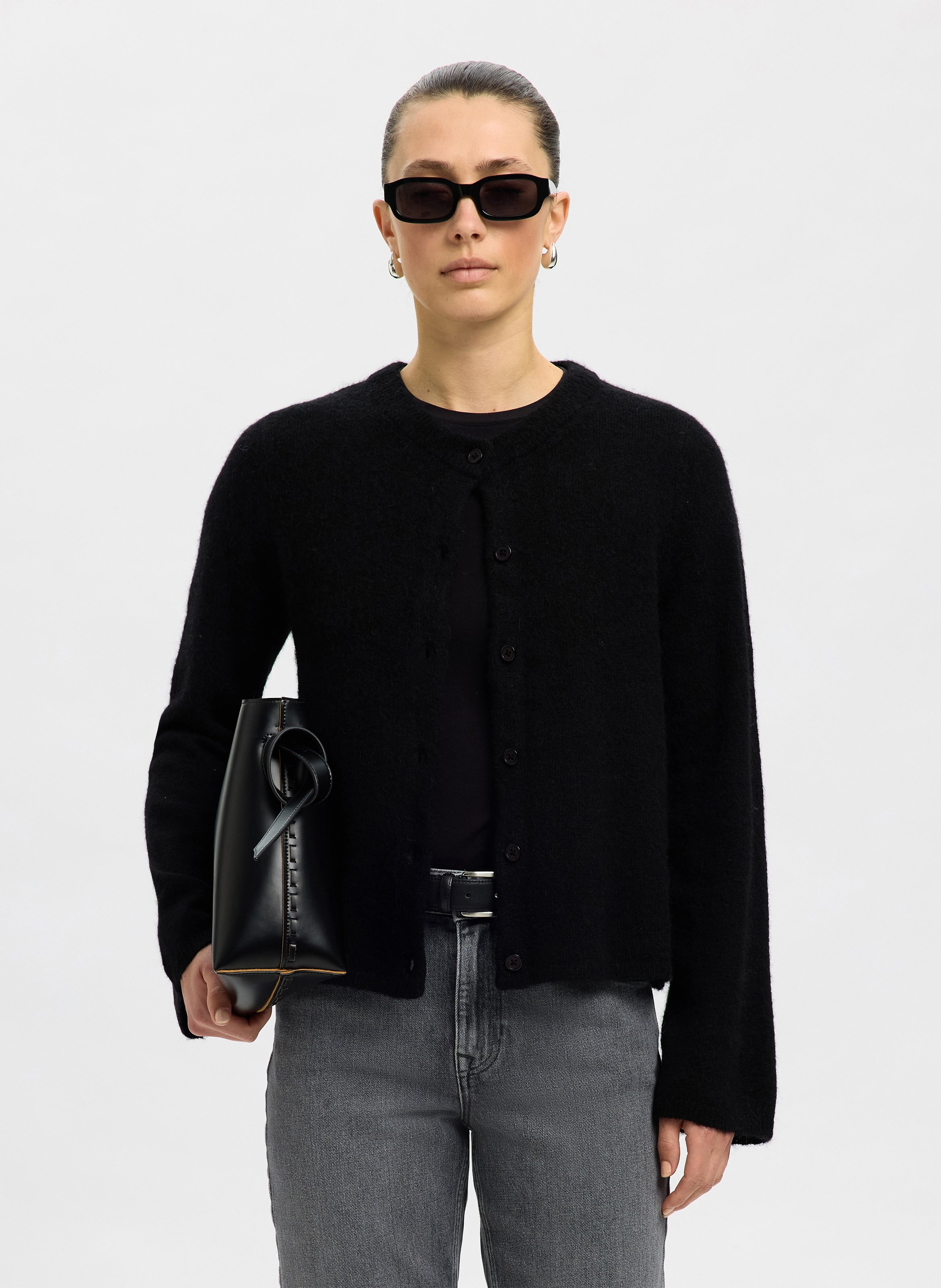 Round-neck mixed-knit cardigan SELECTED Black