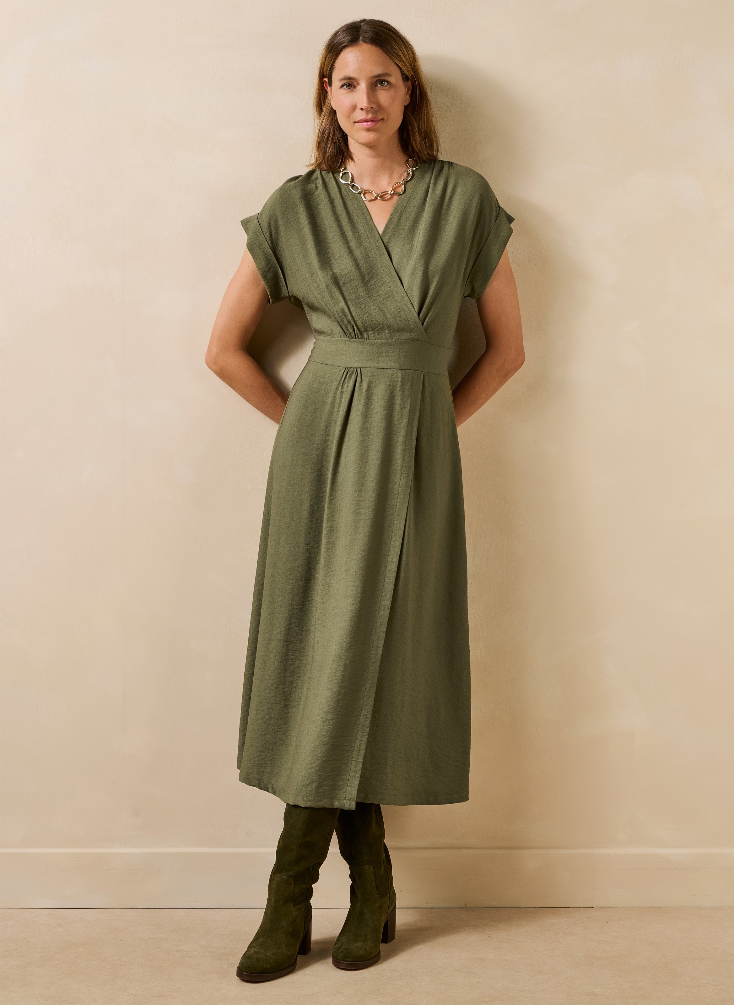 Long V-neck dress LA FEE MARABOUTEE Khaki