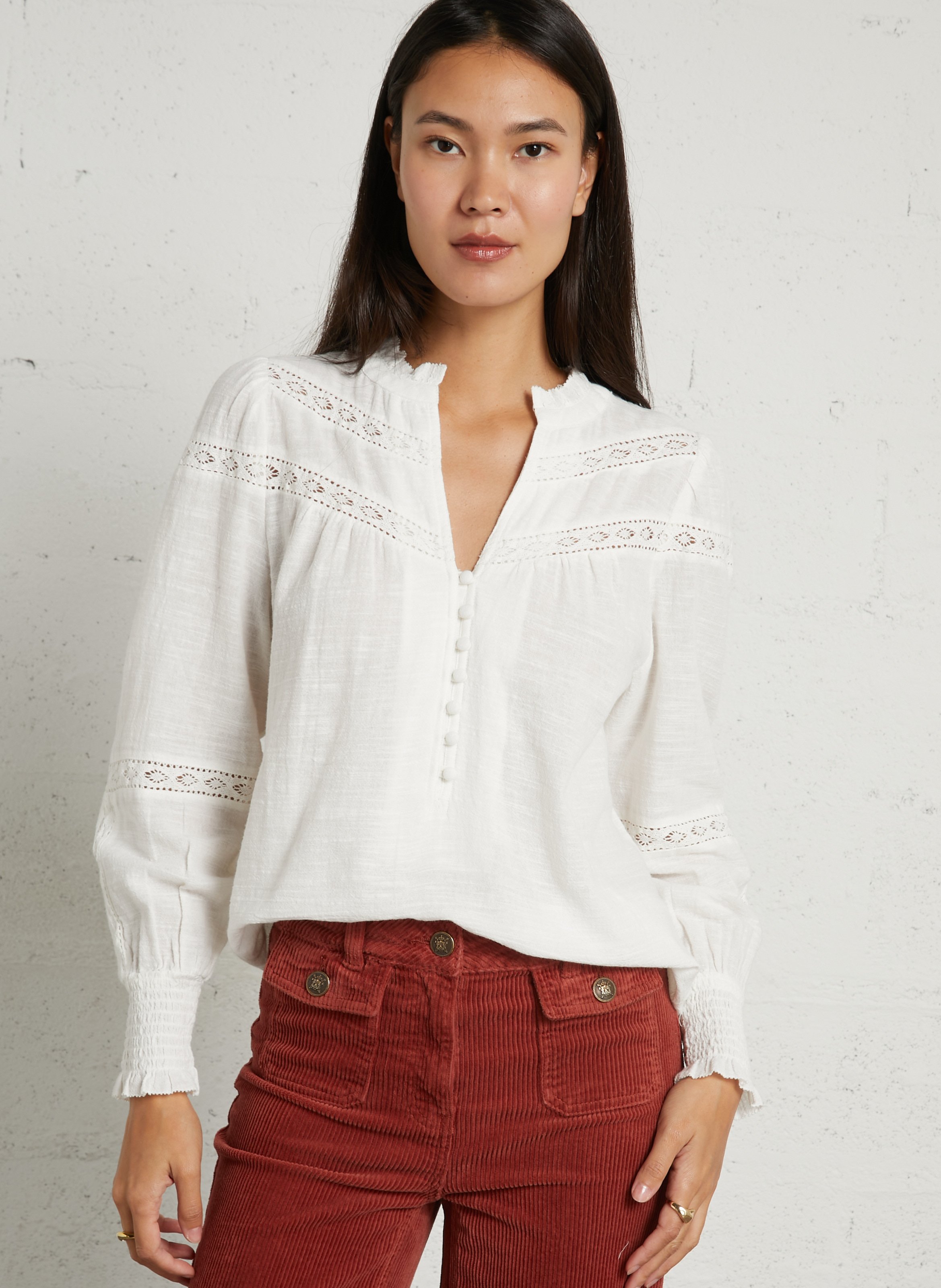 Oversized blouse with embroidered details in cotton MAISON 123 Beige