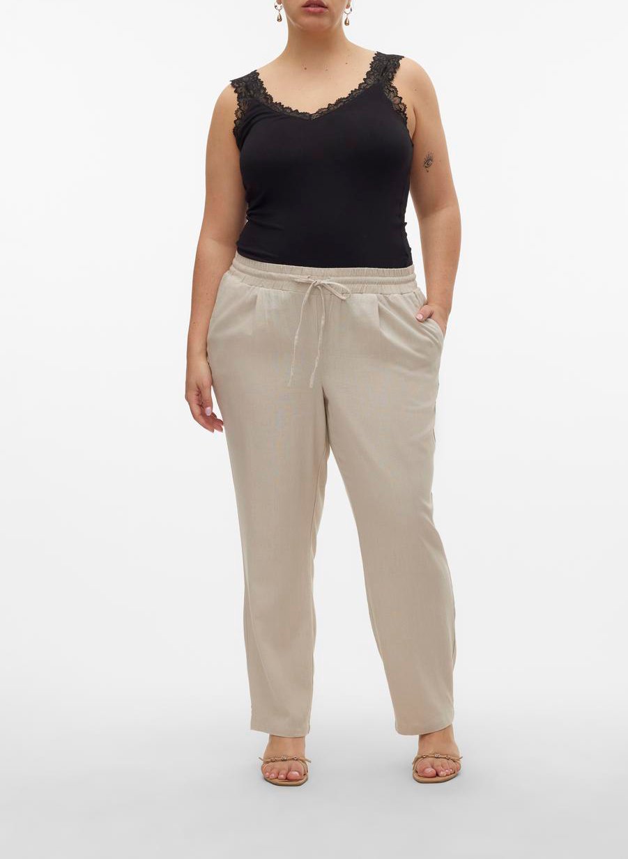 Pantalon droit taille haute en lin mélangé VERO MODA CURVE Beige