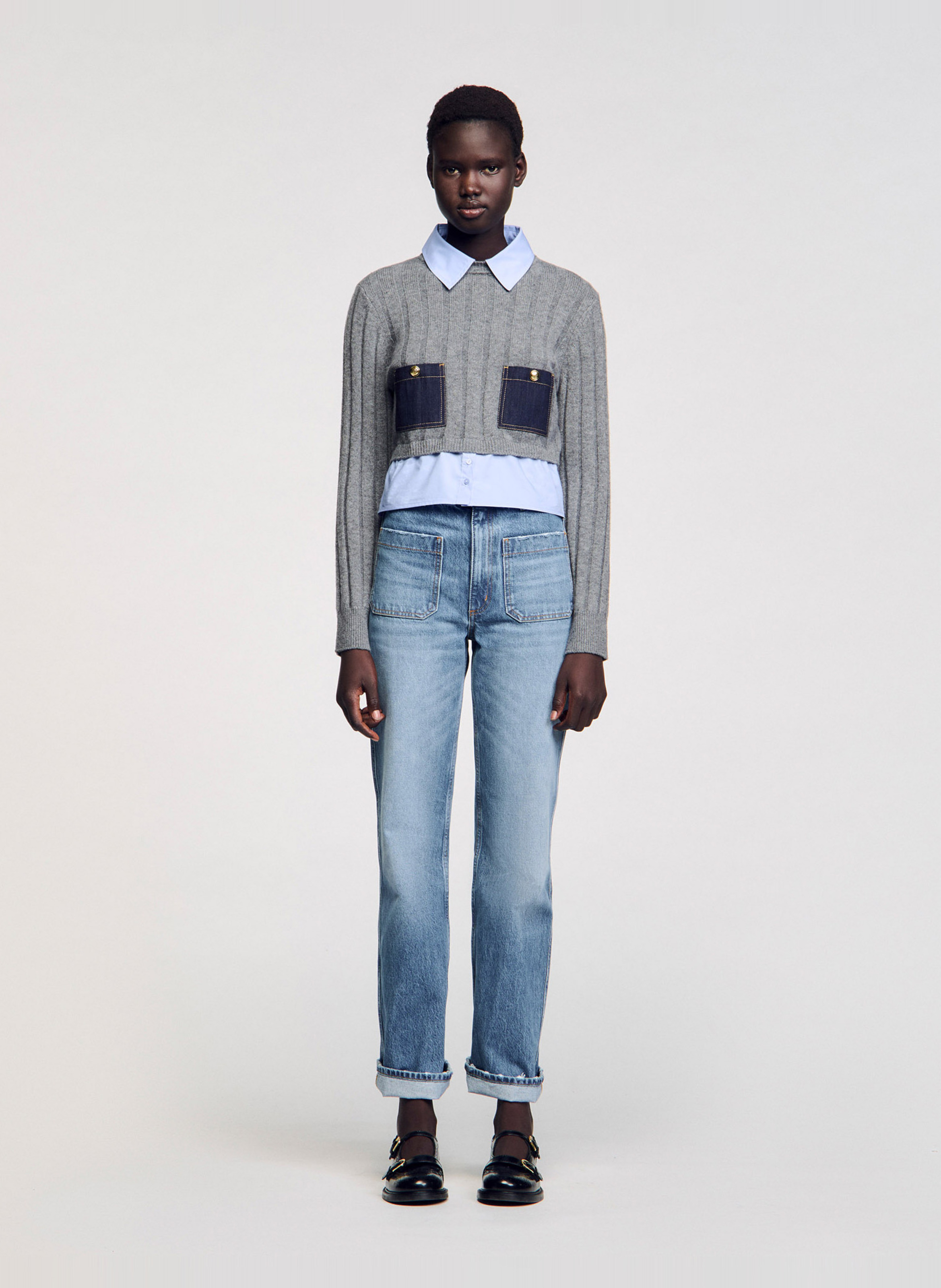 Pull col classique droit en laine et cachemire  SANDRO Gris