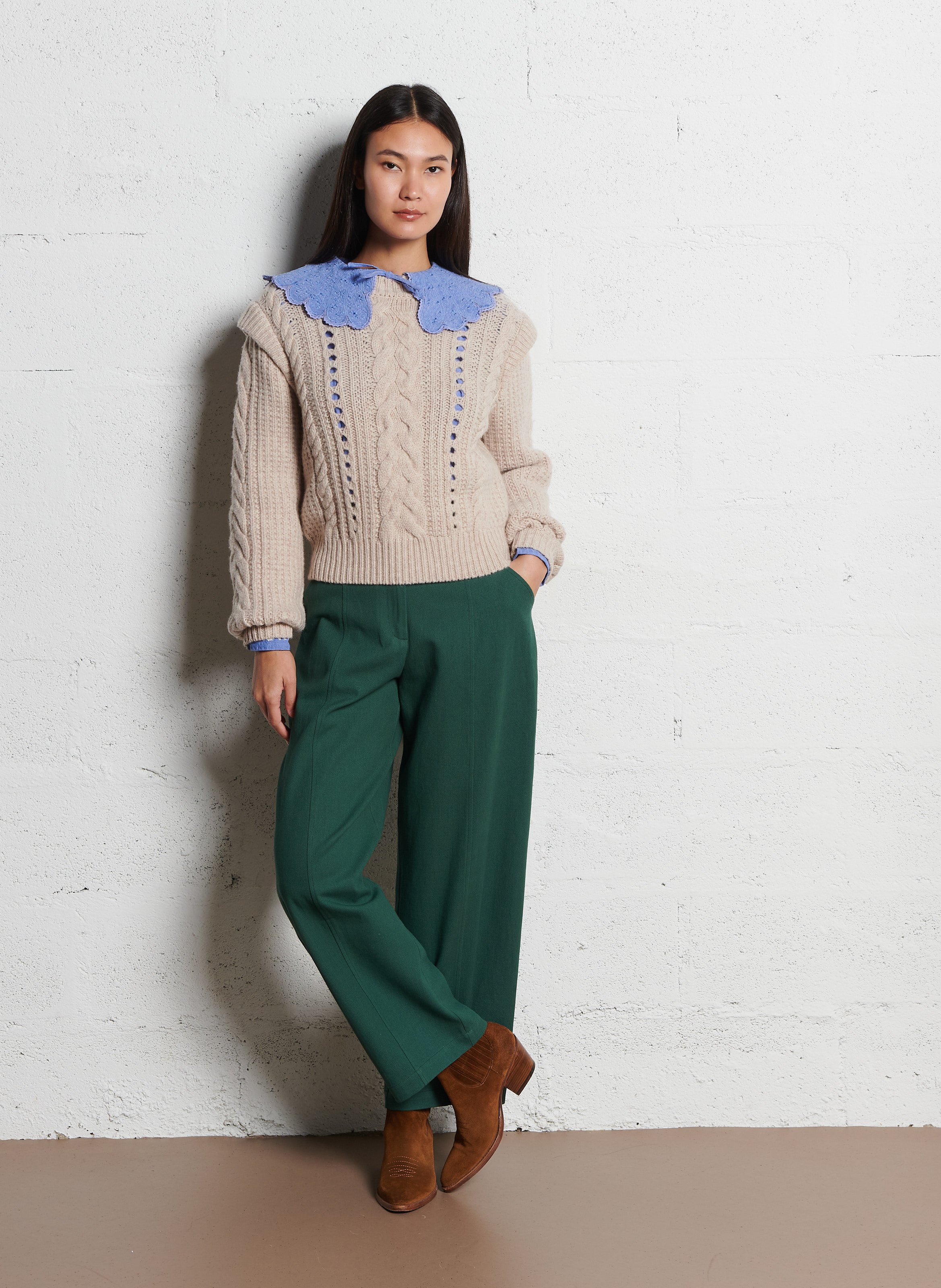 Boat-neck contrast-knit wool sweater  Beige