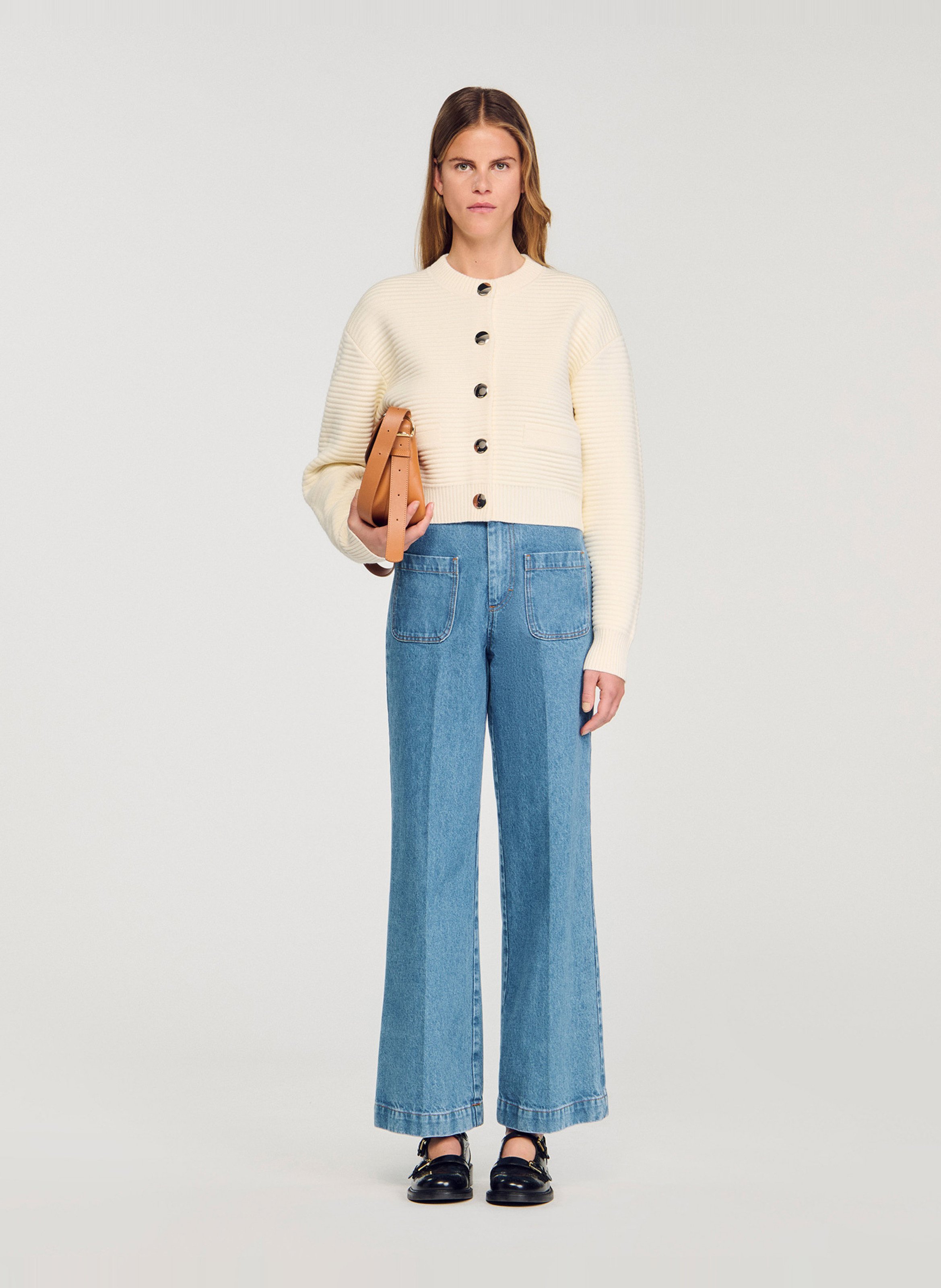 Cardigan boutonné court côtelé  SANDRO Blanc