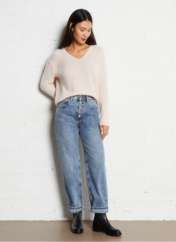 Hoge taille rechte jeans in gewassen denim - Look 4
