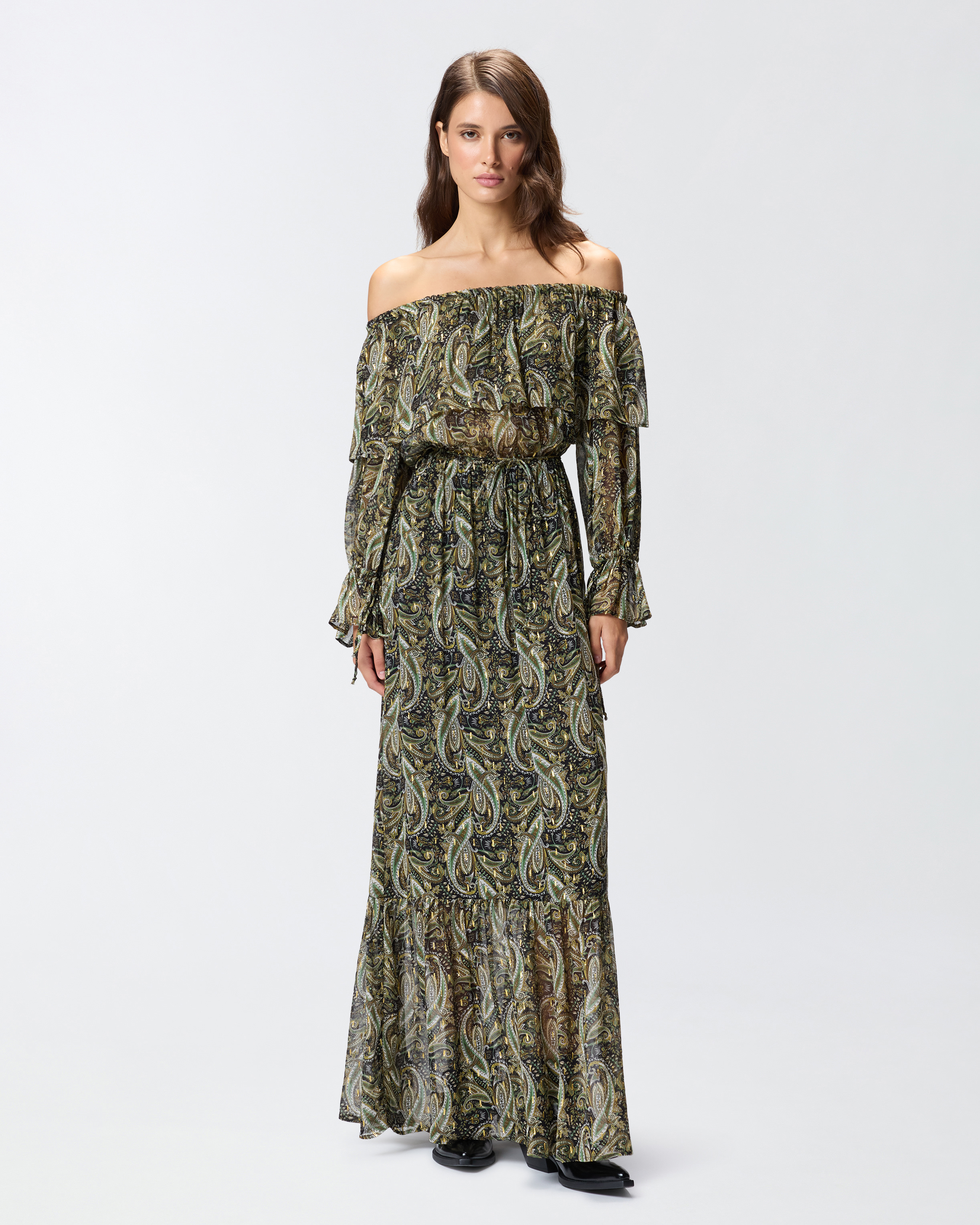 Long dress with bardot neckline and cashmere print PINKO Green