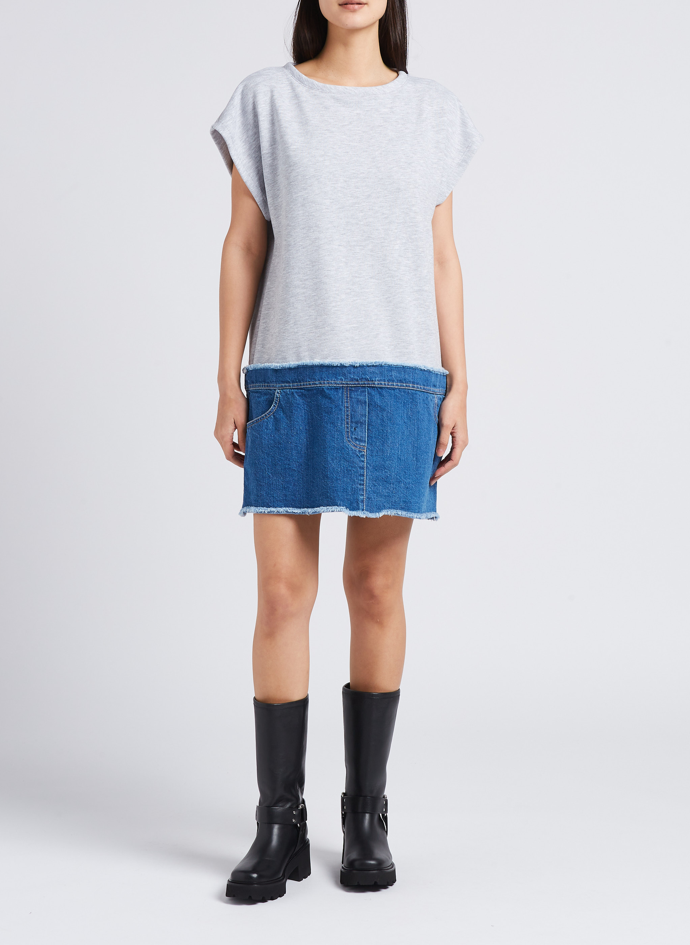 Loose-fit round-neck printed midi dress PLEASE Grey