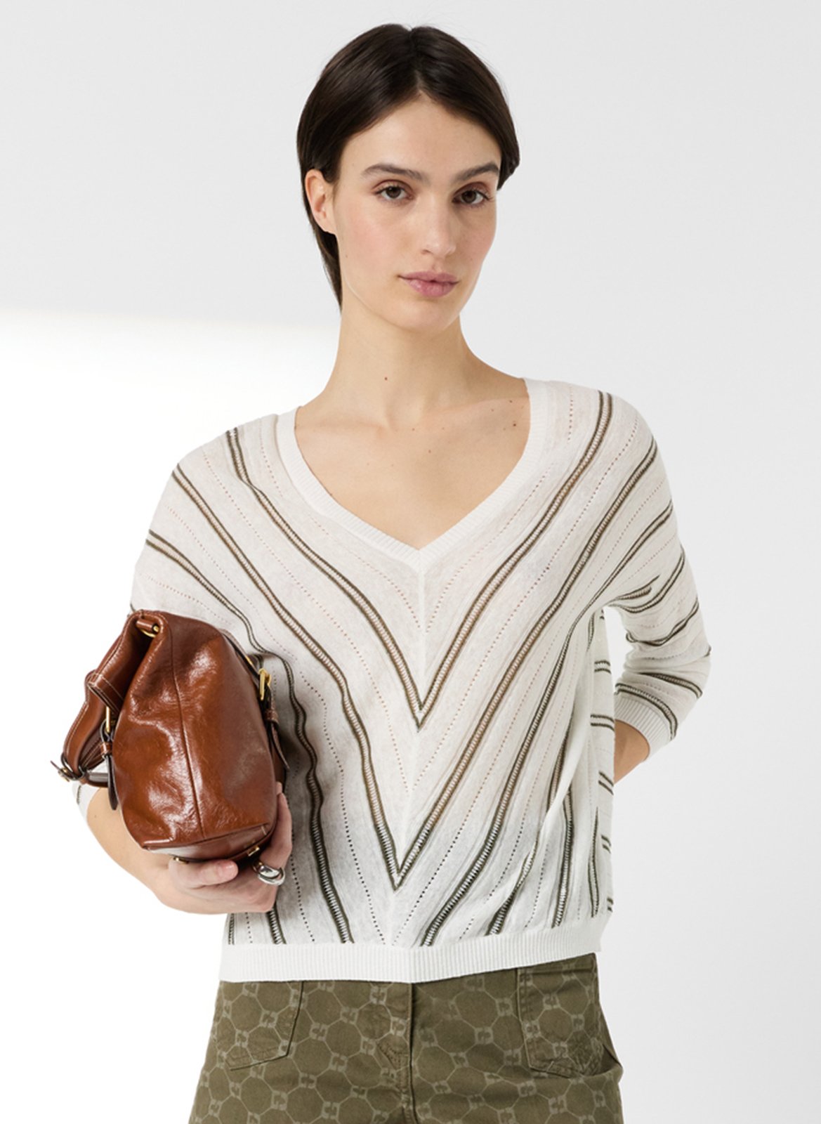 Pull droit col V en coton et lin rayé GERARD DAREL Kaki