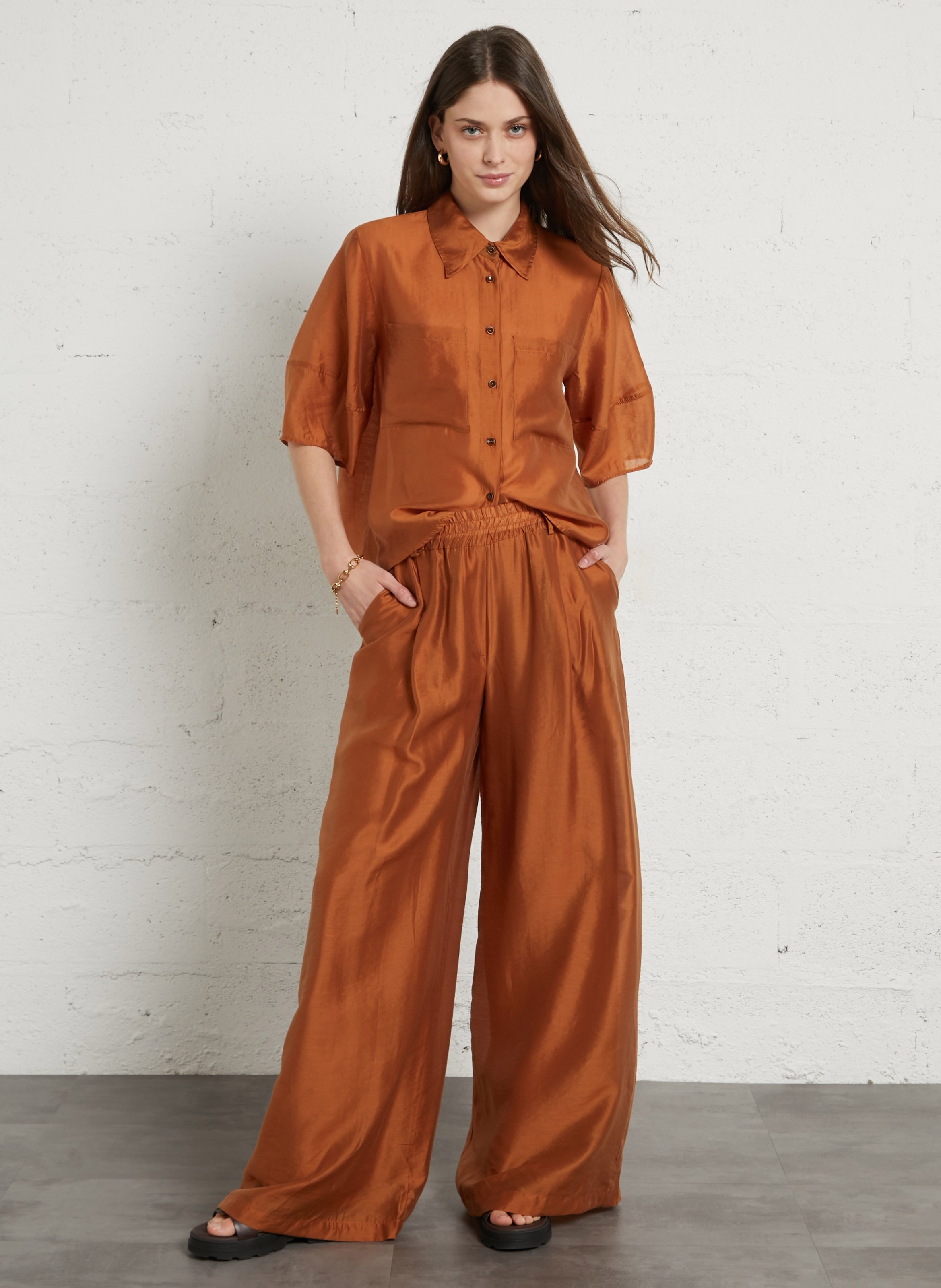 Fluid high-waisted wide-leg pants TINSELS Brown