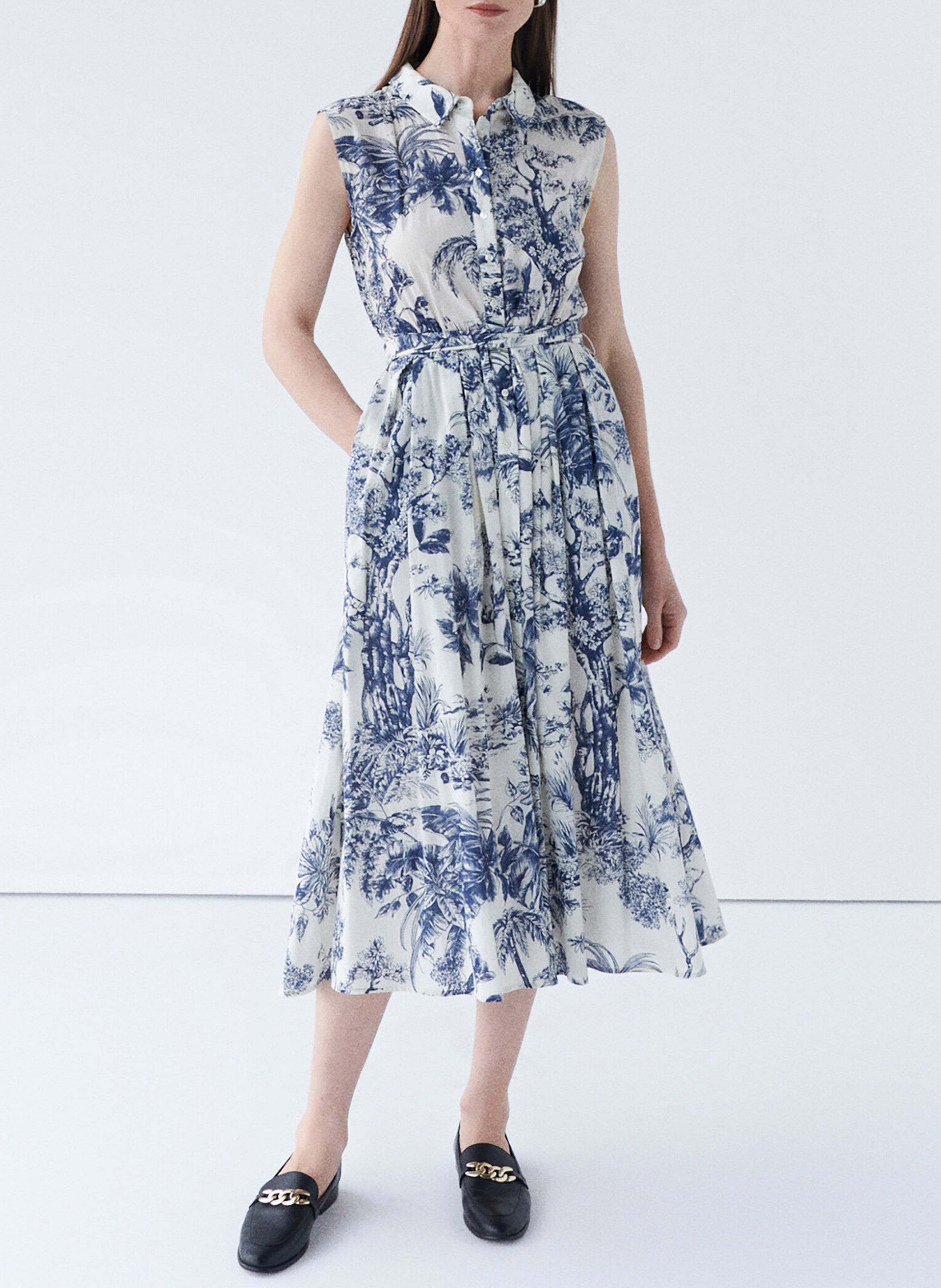 Robe midi fluide ceinturée à motifs CAROLL Bleu
