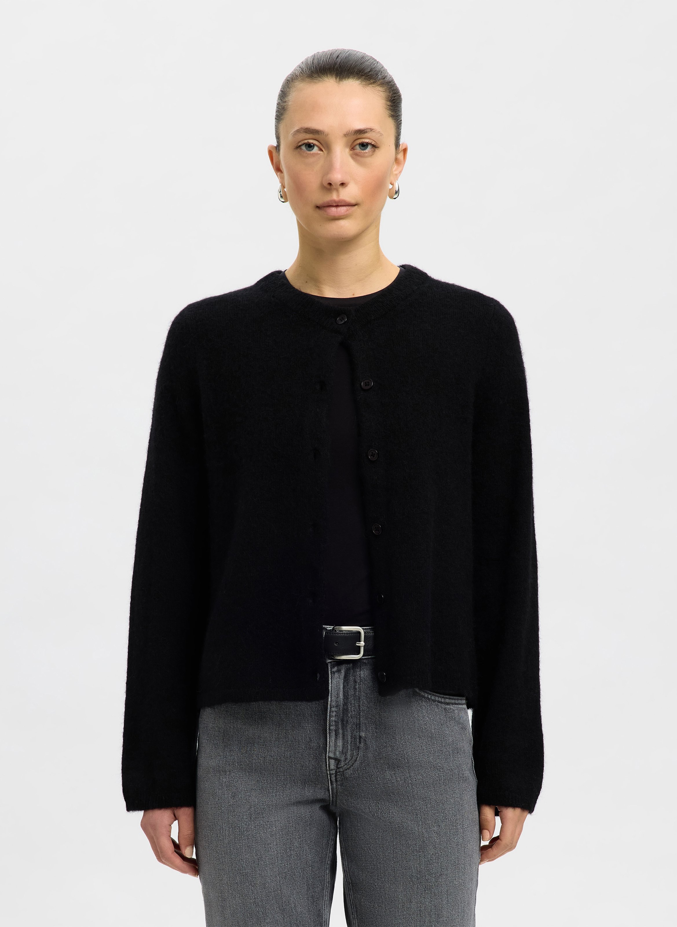 Round-neck mixed-knit cardigan SELECTED Black