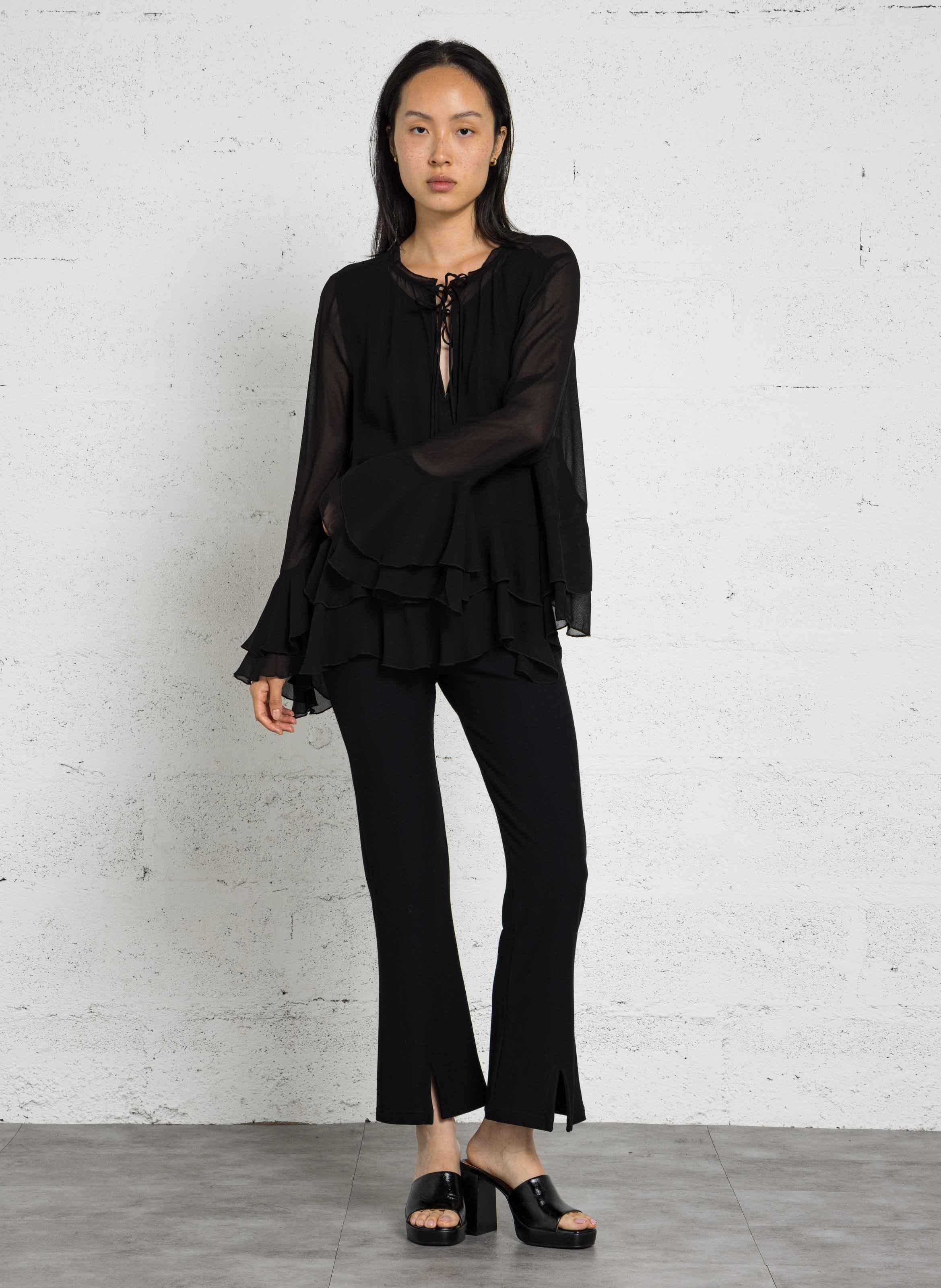 Doorschijnende blouse met effen ruches LE TEMPS DES CERISES Zwart