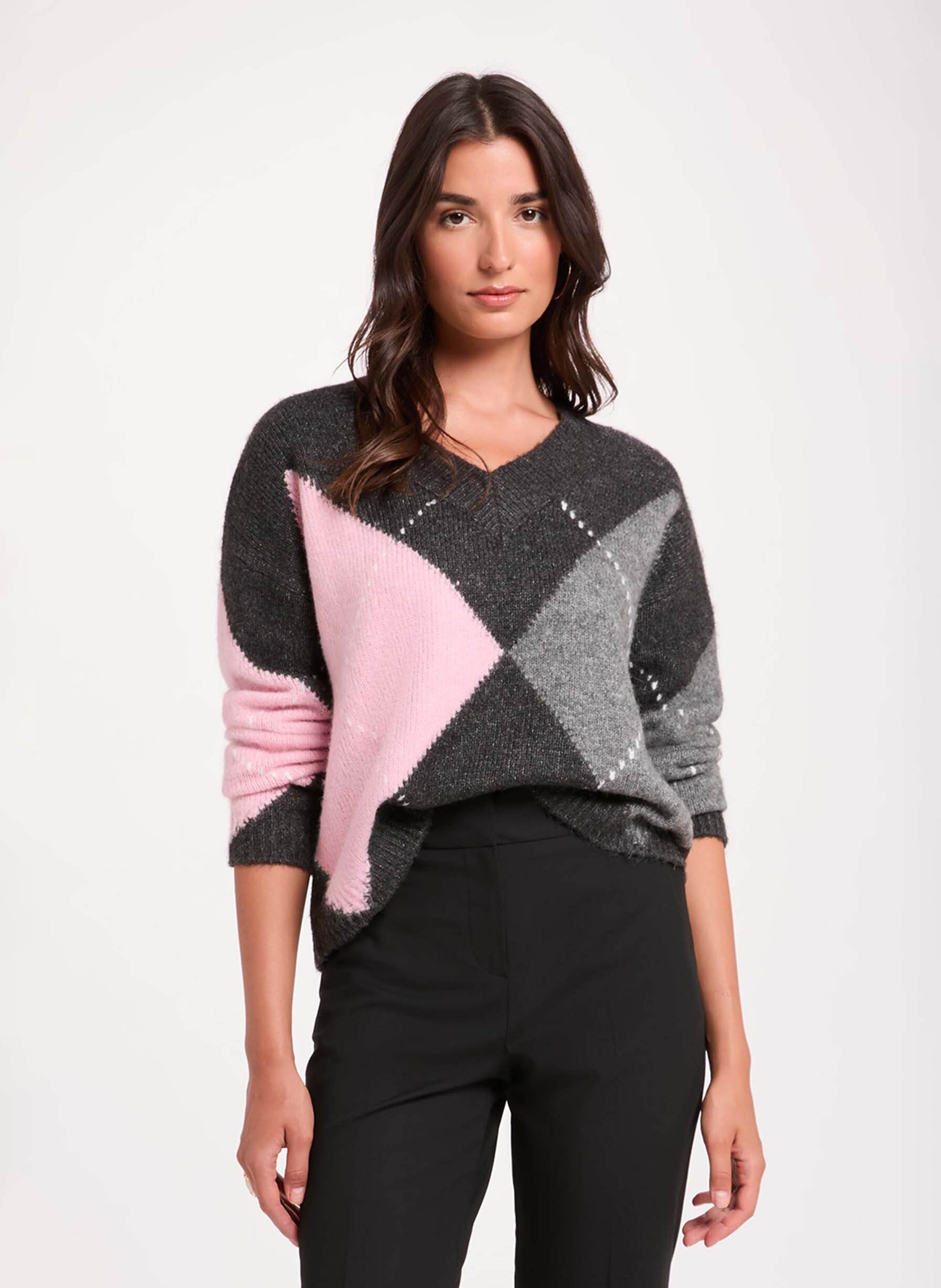 Gerader V-Ausschnitt-Pullover mit Muster MORGAN Grau
