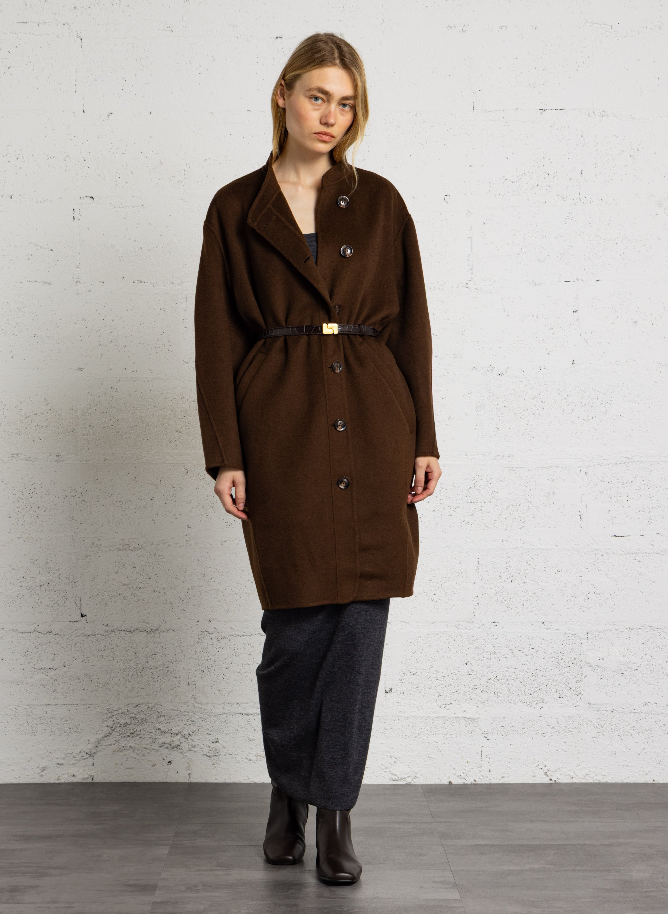 Manteau col rond en laine mélangée SOEUR Marron