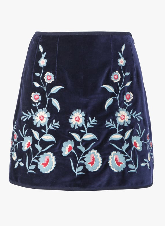 Short skirt embroidered in organic cotton velvet Midnight Louise
