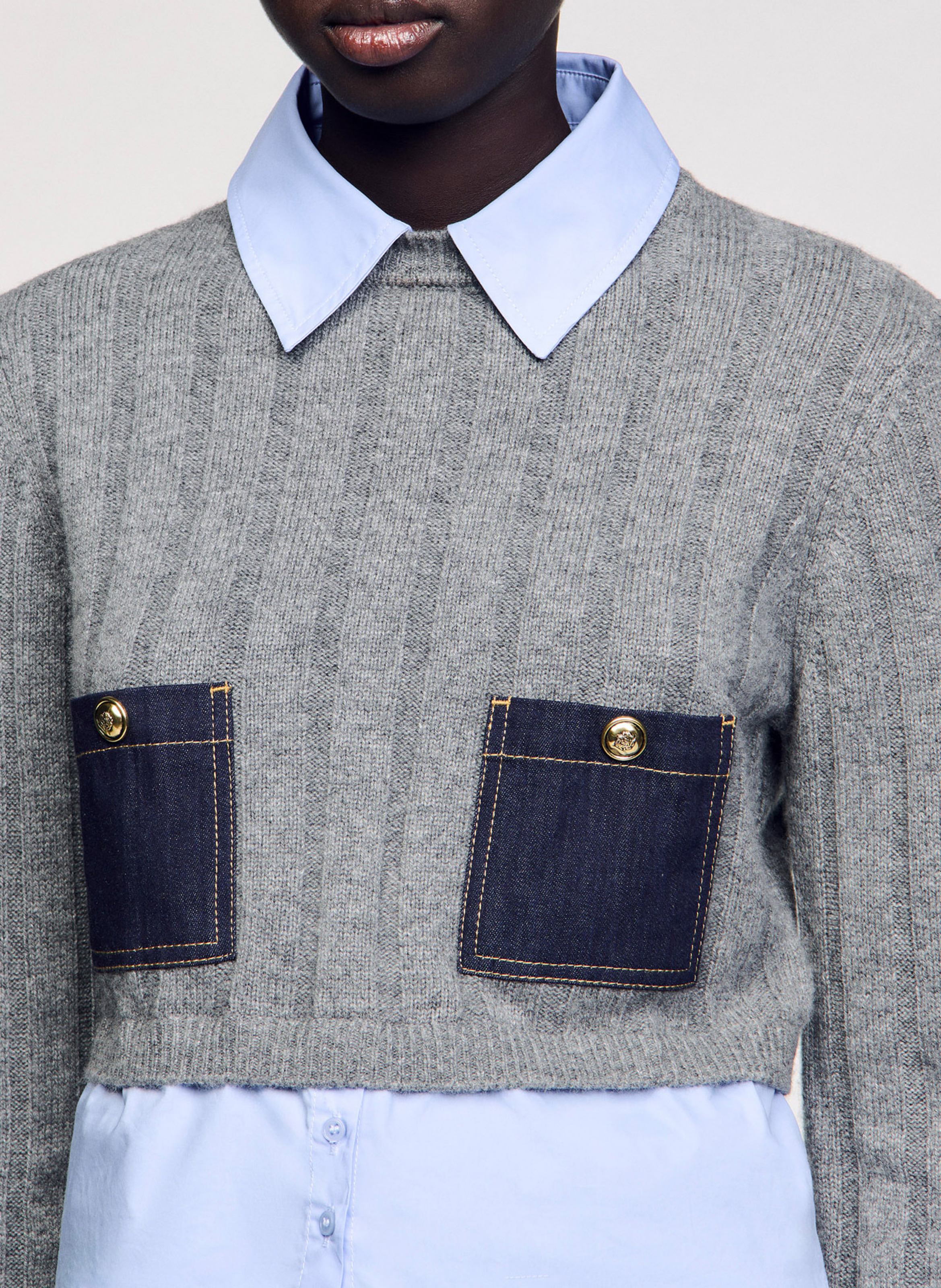 Pull col classique droit en laine et cachemire  SANDRO Gris