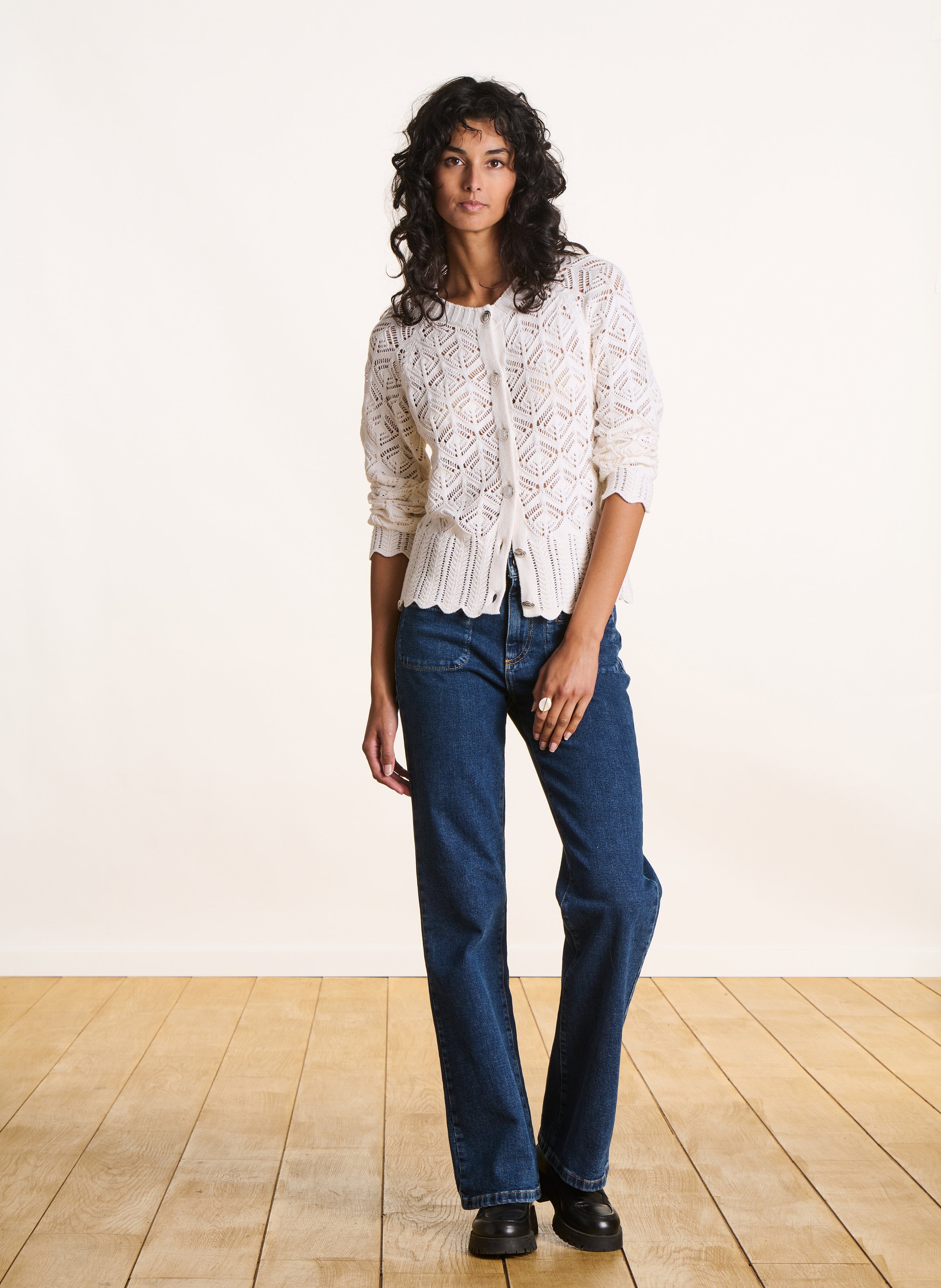 Openwork knit straight cardigan LA FEE MARABOUTEE White