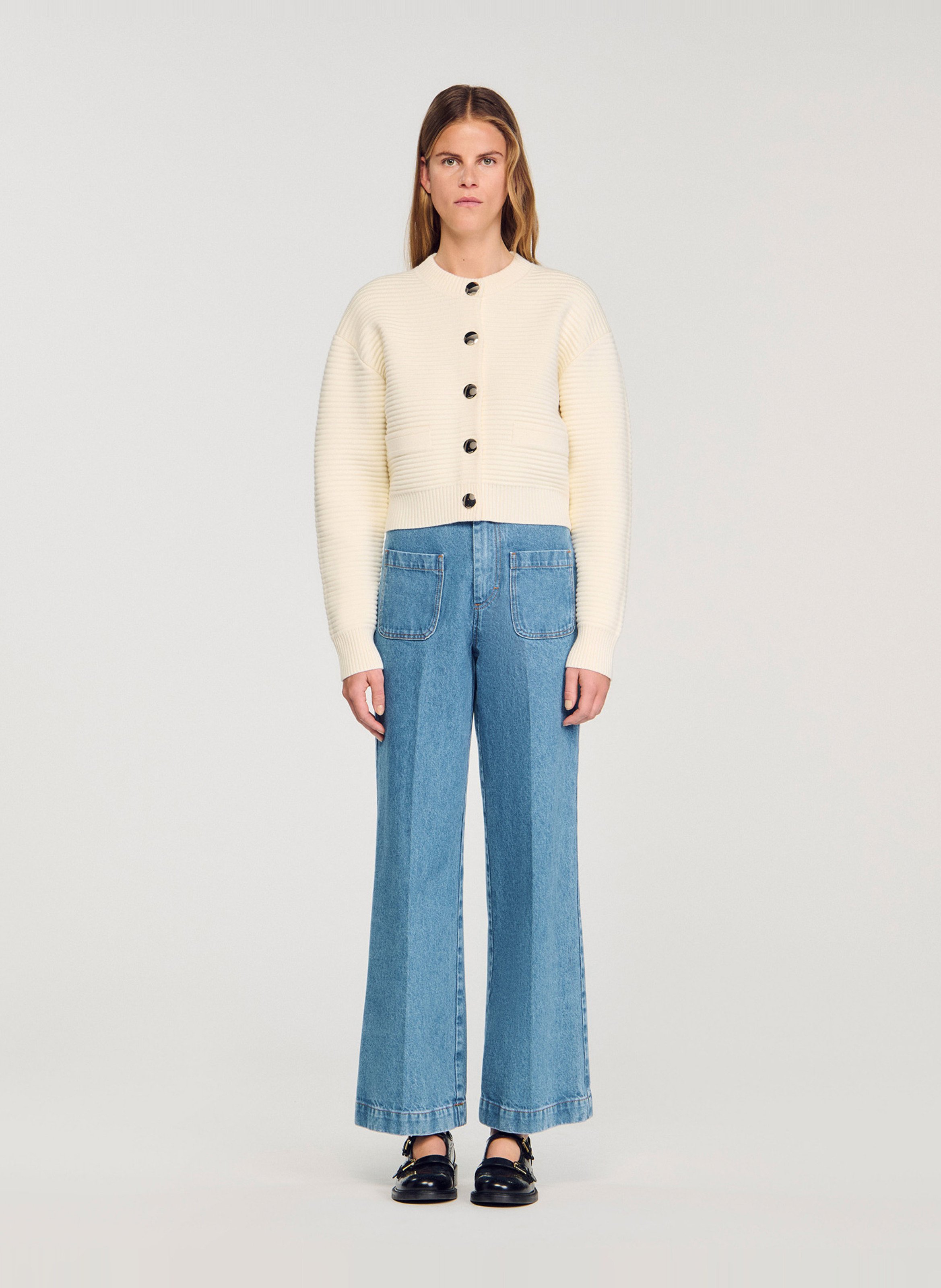 Cardigan boutonné court côtelé  SANDRO Blanc