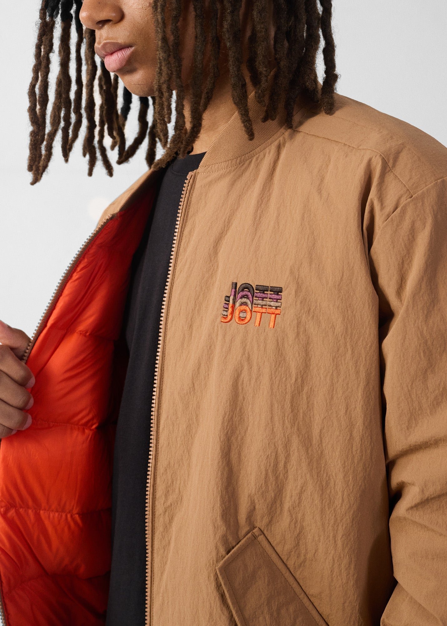 Bomber jacket in brown sugar/fire red bentham. JOTT Brown