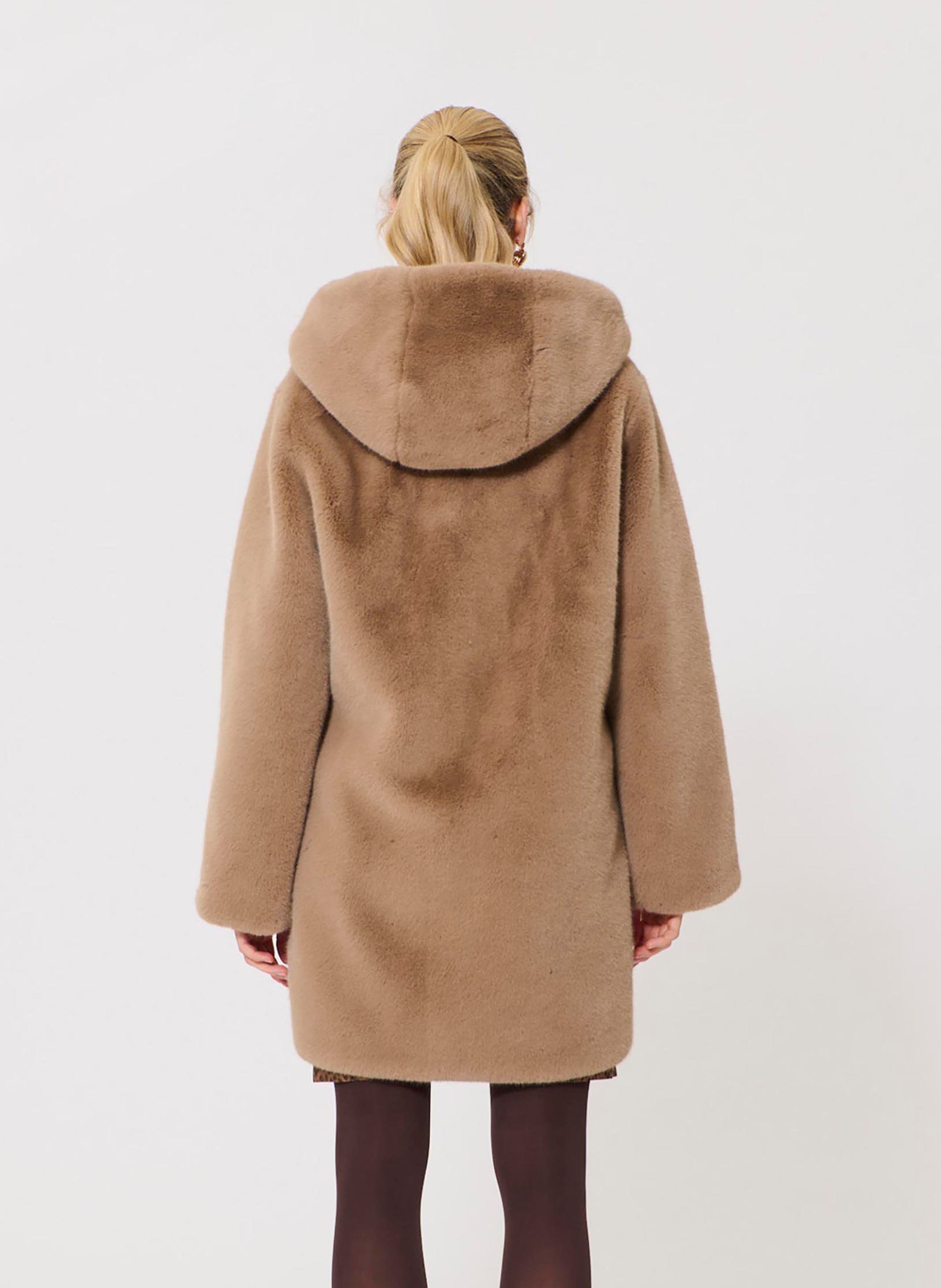 Manteau droit col rond en fourrure synthétique TARA JARMON Beige