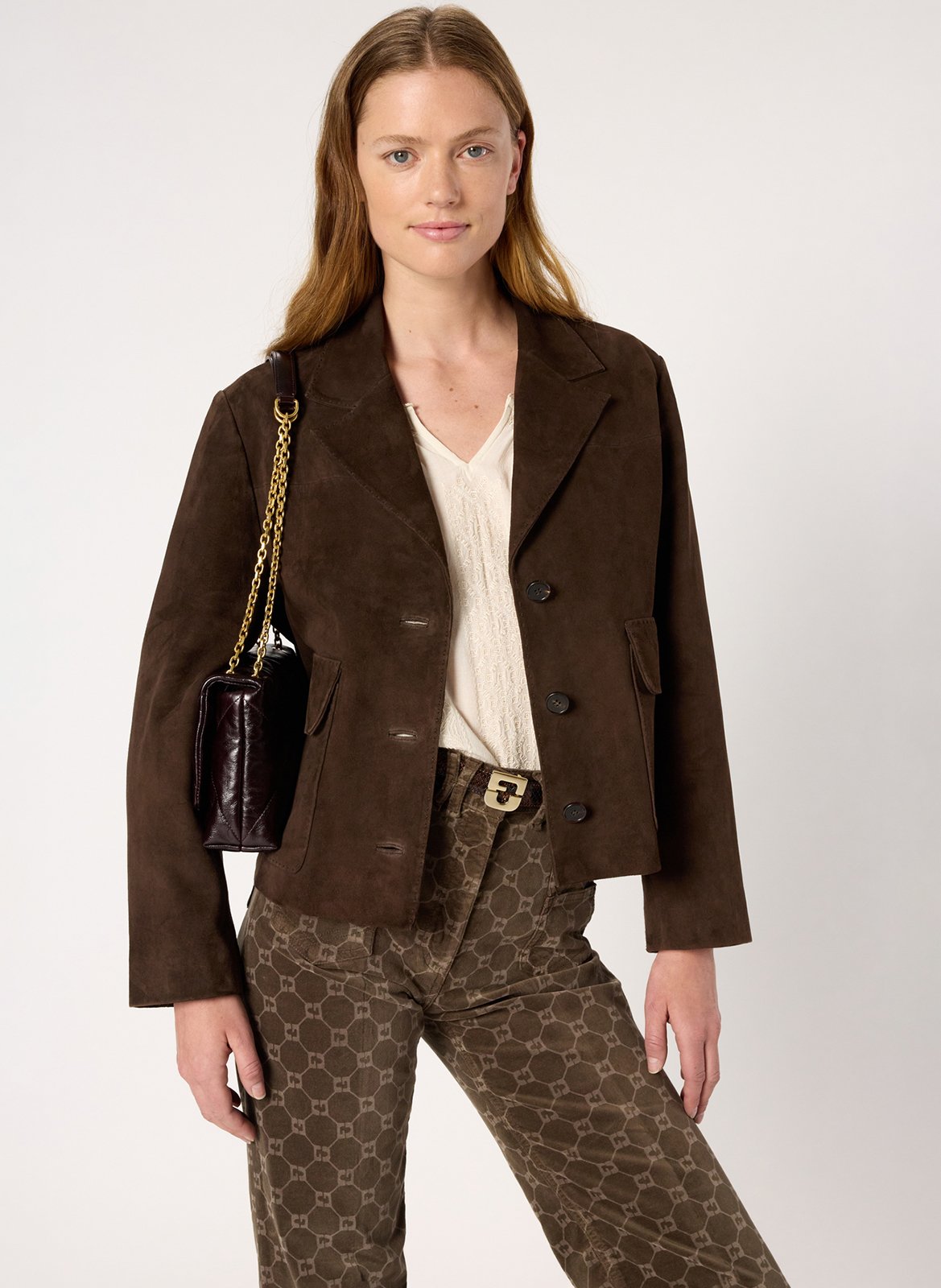 Veste col tailleur en cuir GERARD DAREL Marron