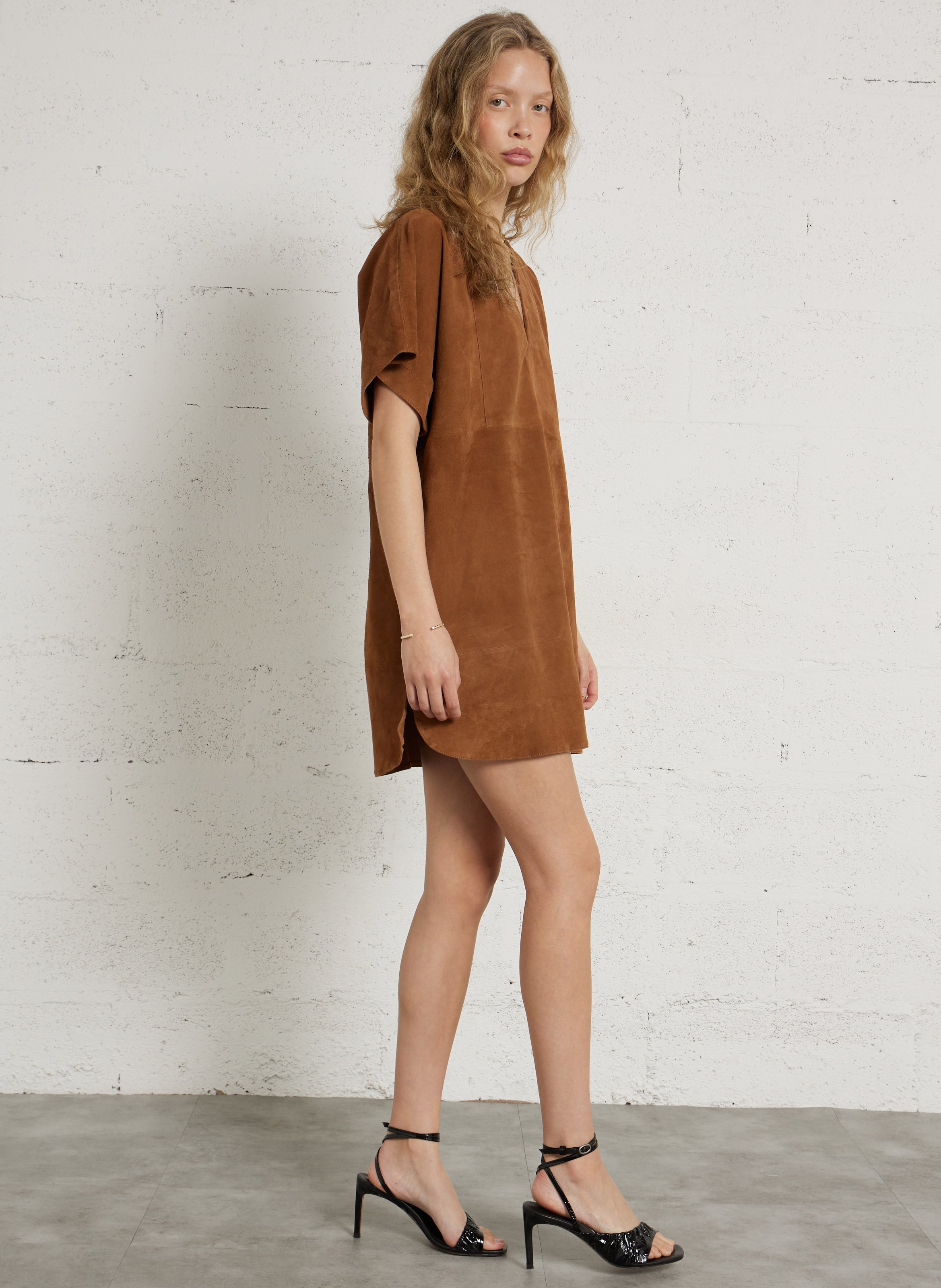 Short suede leather dress BELLEPIECE Brown