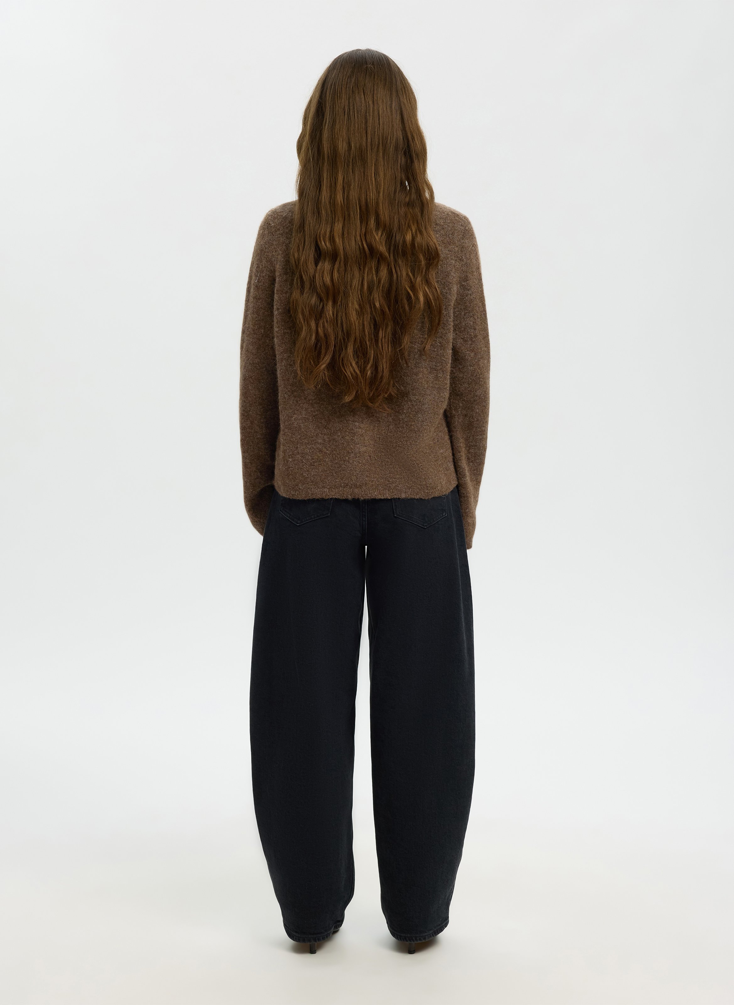 Round-neck mixed-knit cardigan | Brown SELECTED Women